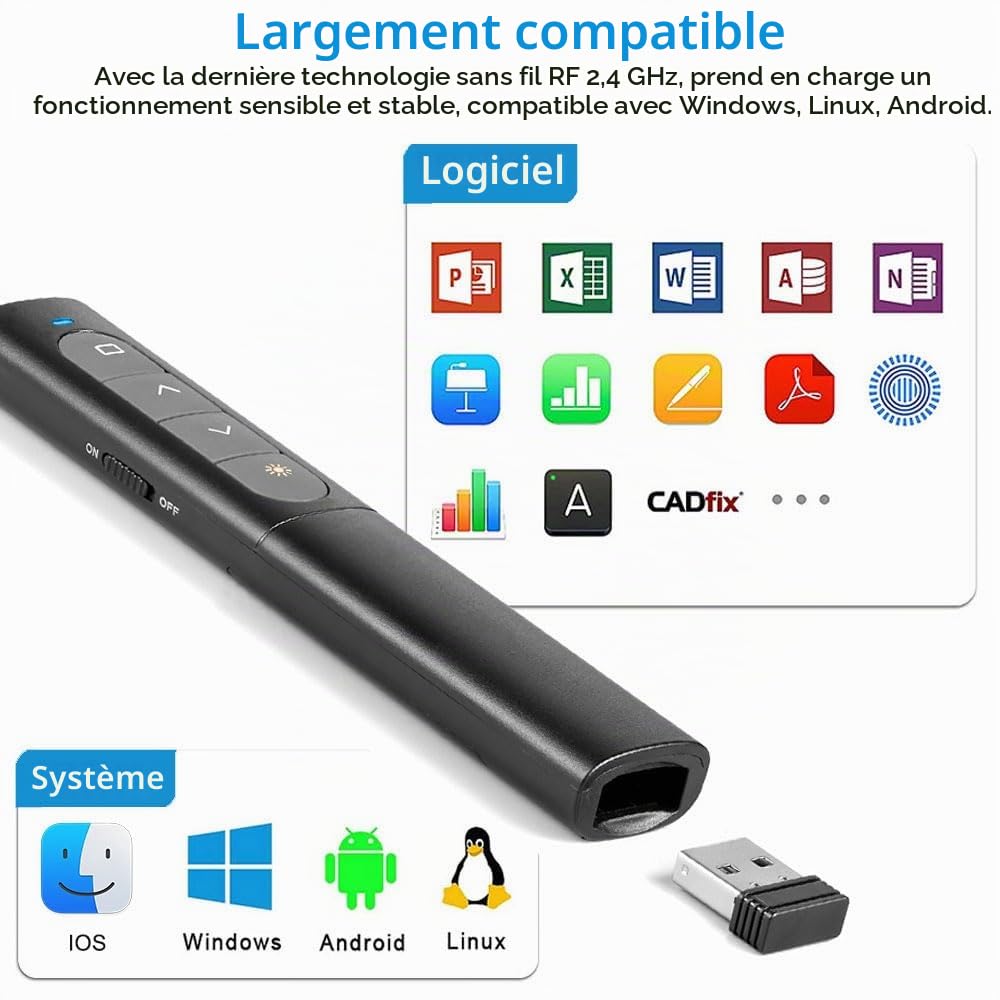 Présentateur Sans Fil 2,4 GHz – Pointeur Laser, 5 Boutons, 100 m, Plug & Play – PowerPoint, Google Slides, Keynote, PC & Mac