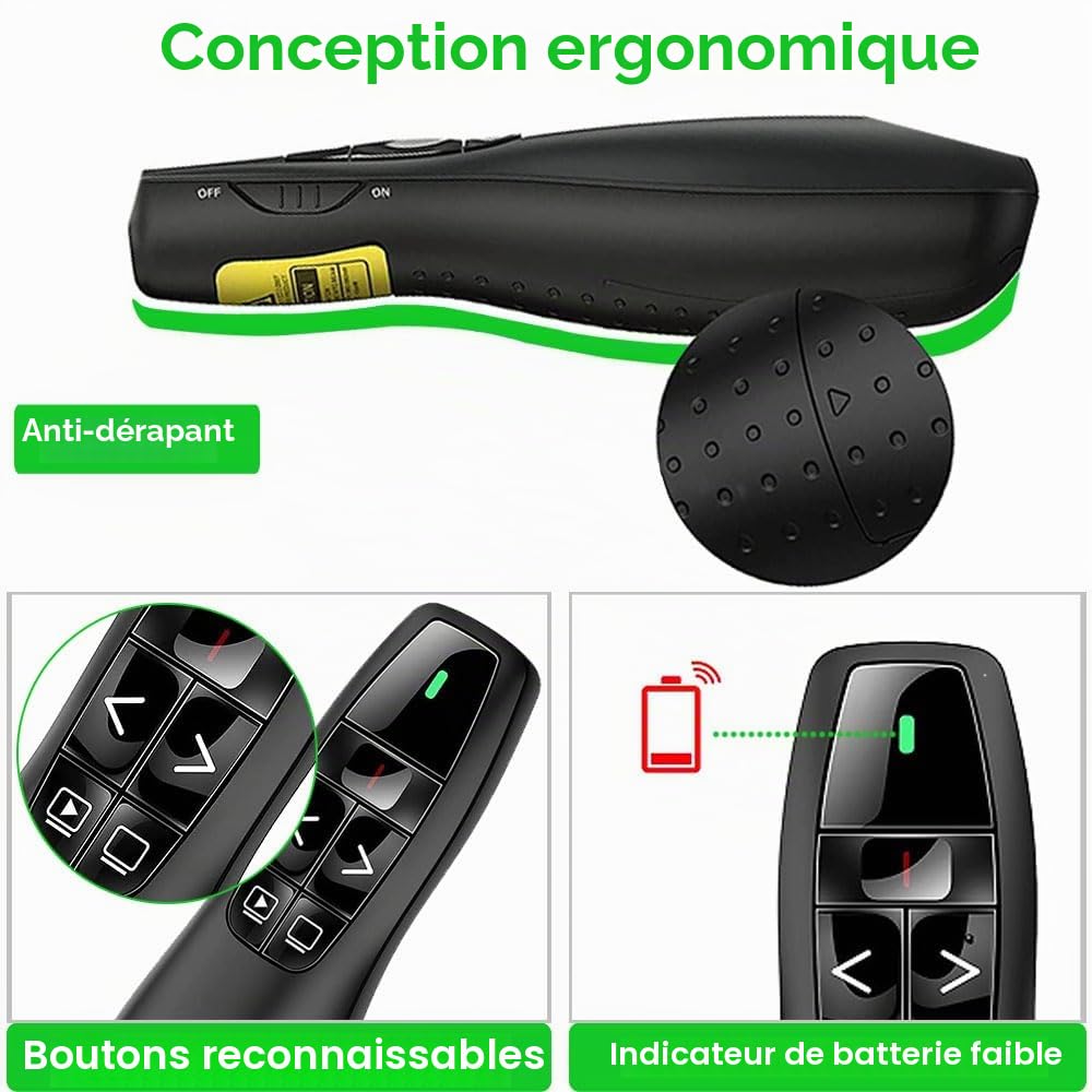 Présentateur Sans Fil 2,4 GHz – Pointeur Laser, 5 Boutons, 100 m, Plug & Play – PowerPoint, Google Slides, Keynote, PC & Mac