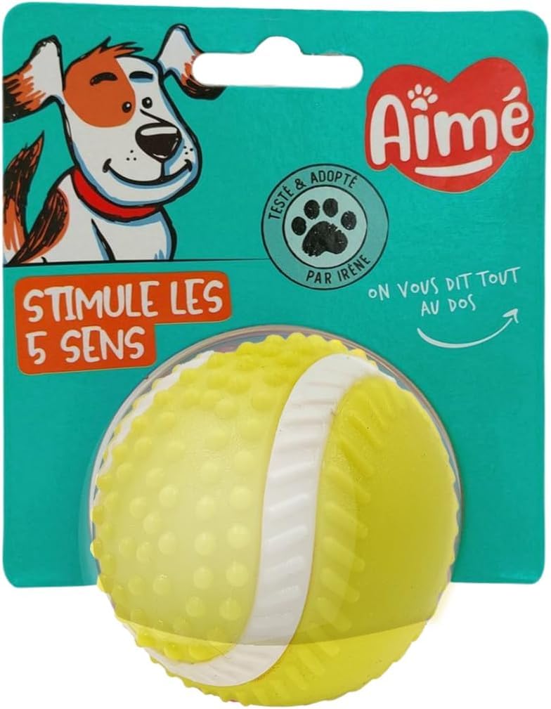 Aimé - Balle pour Chien 5 en 1 Saveur Bœuf - Jouet Interactif/Éducatif pour Développer et Stimuler les 5 Sens - Résistant Toutes Races et Tous Âges - Balle 6 cm