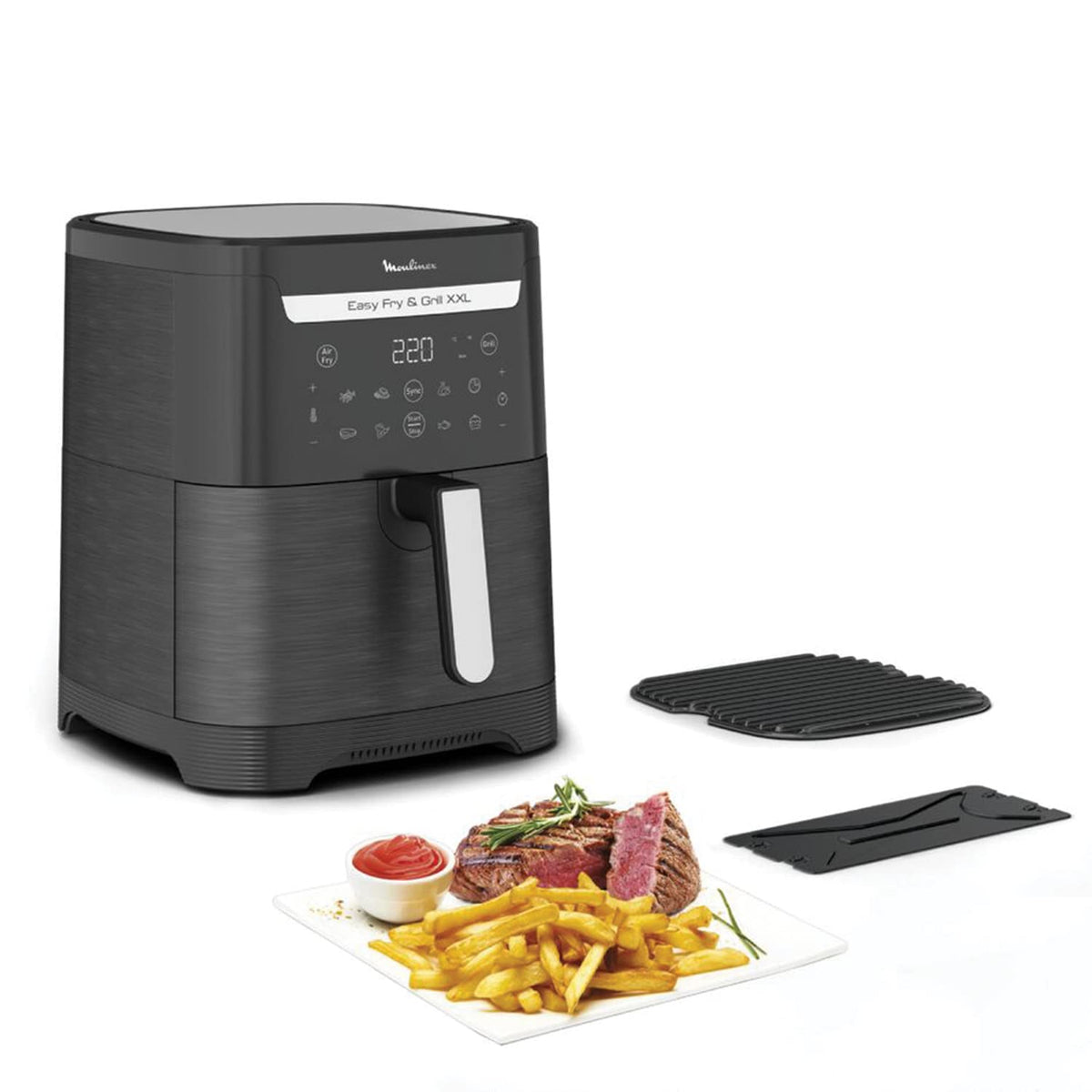 Moulinex Friteuse sans huile + Gril, Capacité XL 4,6L, Jusqu'à 6 personnes, 8 Programmes automatiques, Air Fryer, Ecran tactile digital, Température réglable, Easy Fry & Grill 2en1, EZ505810