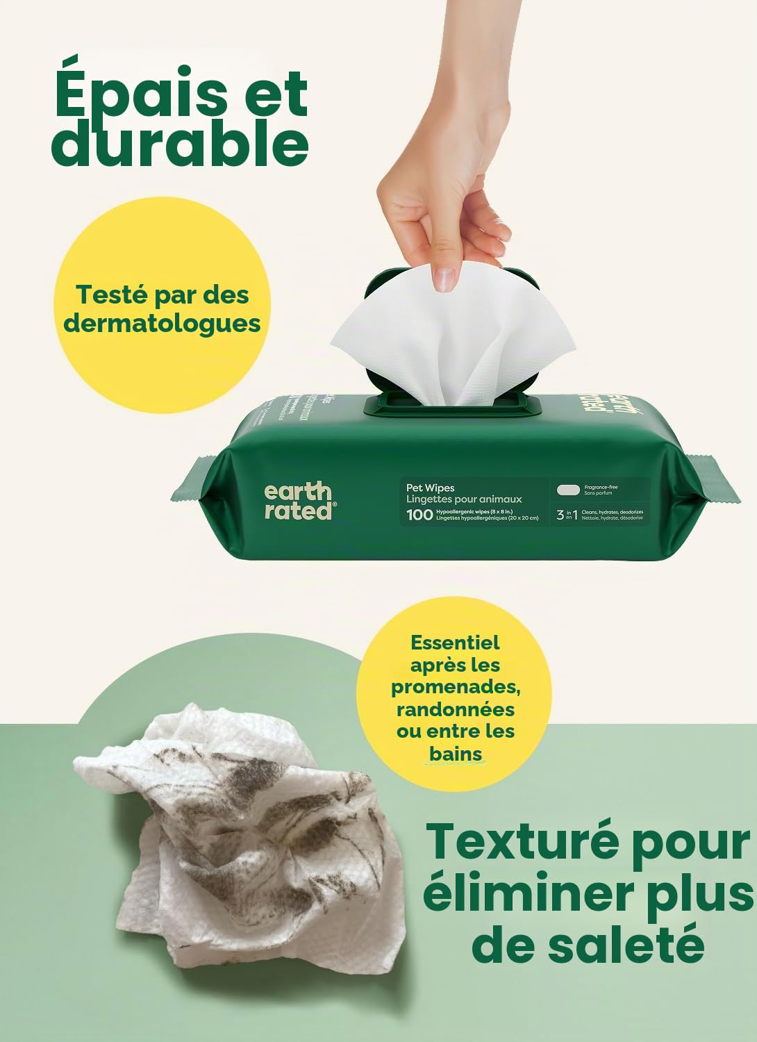 Earth Rated Lingettes hypoallergéniques pour Chiens, nettoyantes et Anti-odeurs, pour Pattes, Corps et arrière-Train, parfaites pour Chiots et Chiens Adultes, sans Parfum, 100 lingettes