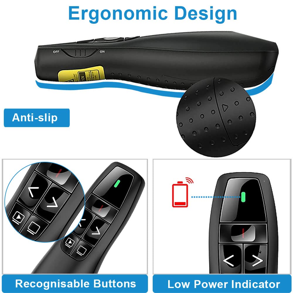 Présentateur Sans Fil 2,4 GHz – Pointeur Laser, 5 Boutons, 100 m, Plug & Play – PowerPoint, Google Slides, Keynote, PC & Mac