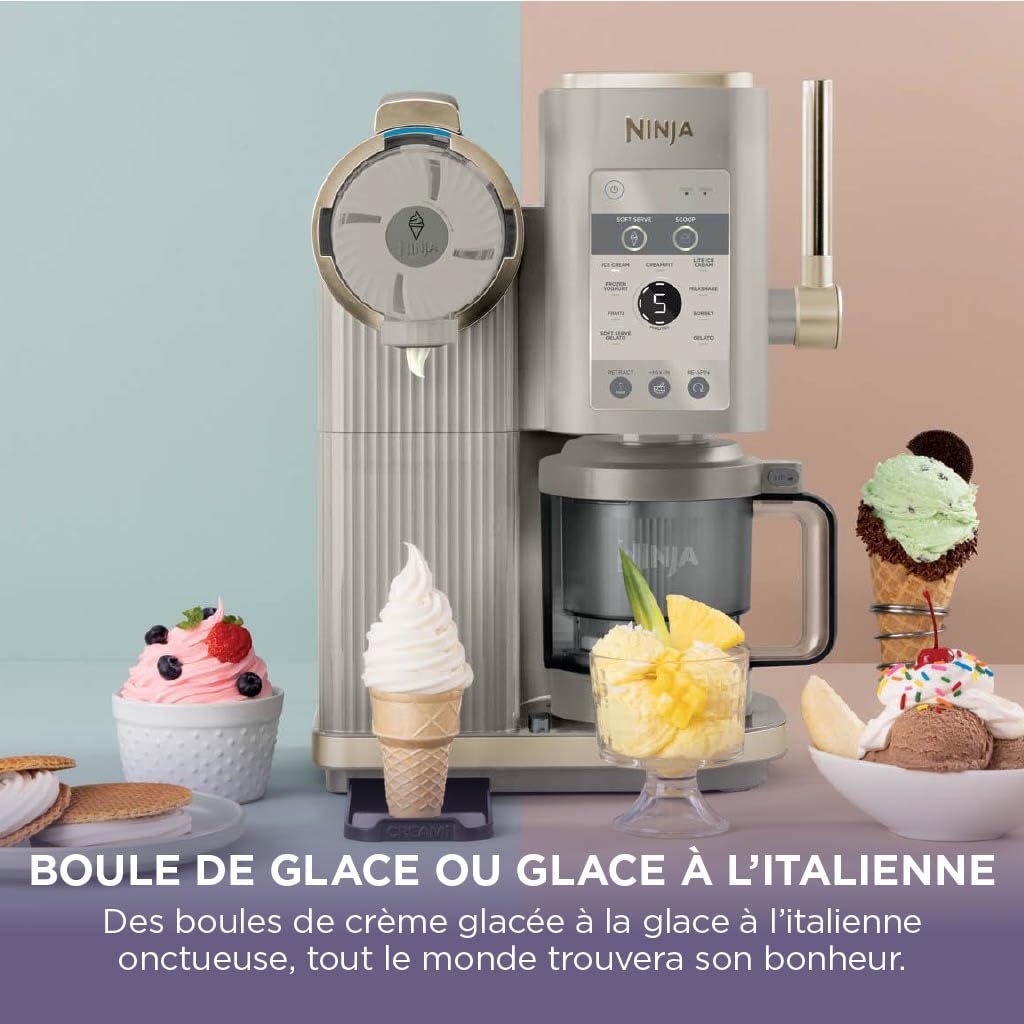 NINJA CREAMi Sorbetière Scoop and Swirl avec 2 pots, 13 modes pour réaliser crèmes glacées, glaces à l’italienne, gelatos, sorbets, milkshakes et plus, option Extra, Stone/Or NC701EUSTGD