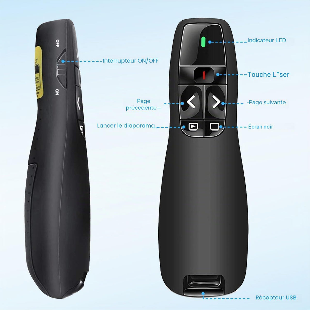 Présentateur Sans Fil 2,4 GHz – Pointeur Laser, 5 Boutons, 100 m, Plug & Play – PowerPoint, Google Slides, Keynote, PC & Mac