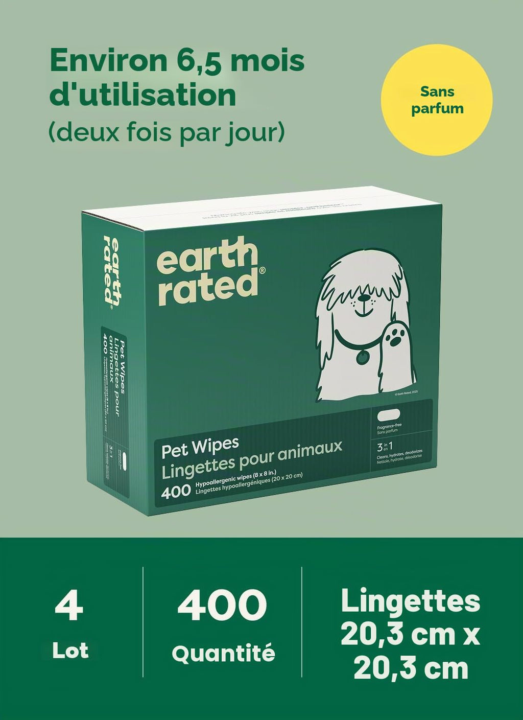 Earth Rated Lingettes hypoallergéniques pour Chiens, nettoyantes et Anti-odeurs, pour Pattes, Corps et arrière-Train, parfaites pour Chiots et Chiens Adultes, sans Parfum, 100 lingettes