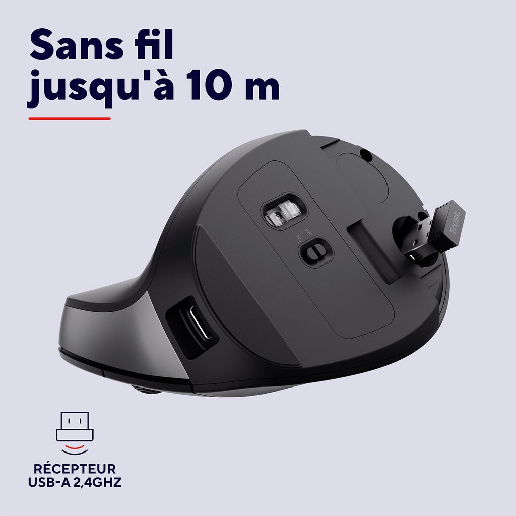 Trust Yuno Souris Ergonomique Verticale sans Fil Rechargeable – Angle 57°, 3 Mois Autonomie, Plastique Recyclé, PC & Mac
