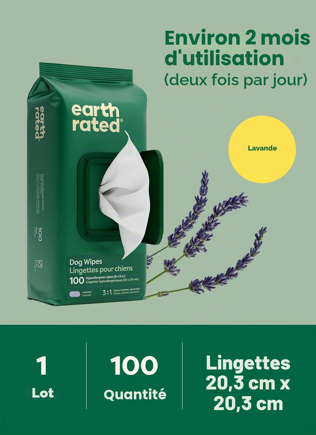 Earth Rated Lingettes hypoallergéniques pour Chiens, nettoyantes et Anti-odeurs, pour Pattes, Corps et arrière-Train, parfaites pour Chiots et Chiens Adultes, sans Parfum, 100 lingettes