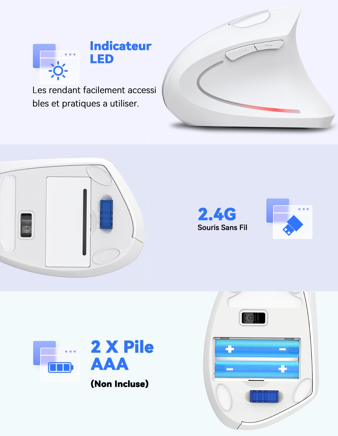 TECKNET Souris Verticale, 4800 DPI Souris sans Fil Ergonomique, Protège Le Bras, Souris sans Fil 6 Boutons pour PC, Ordinateur Portable, Mac, Rose