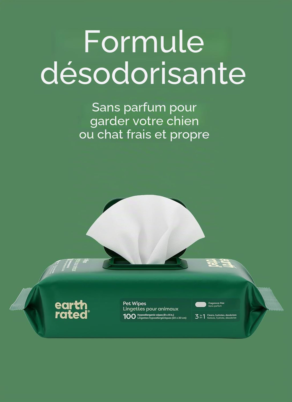 Earth Rated Lingettes hypoallergéniques pour Chiens, nettoyantes et Anti-odeurs, pour Pattes, Corps et arrière-Train, parfaites pour Chiots et Chiens Adultes, sans Parfum, 100 lingettes