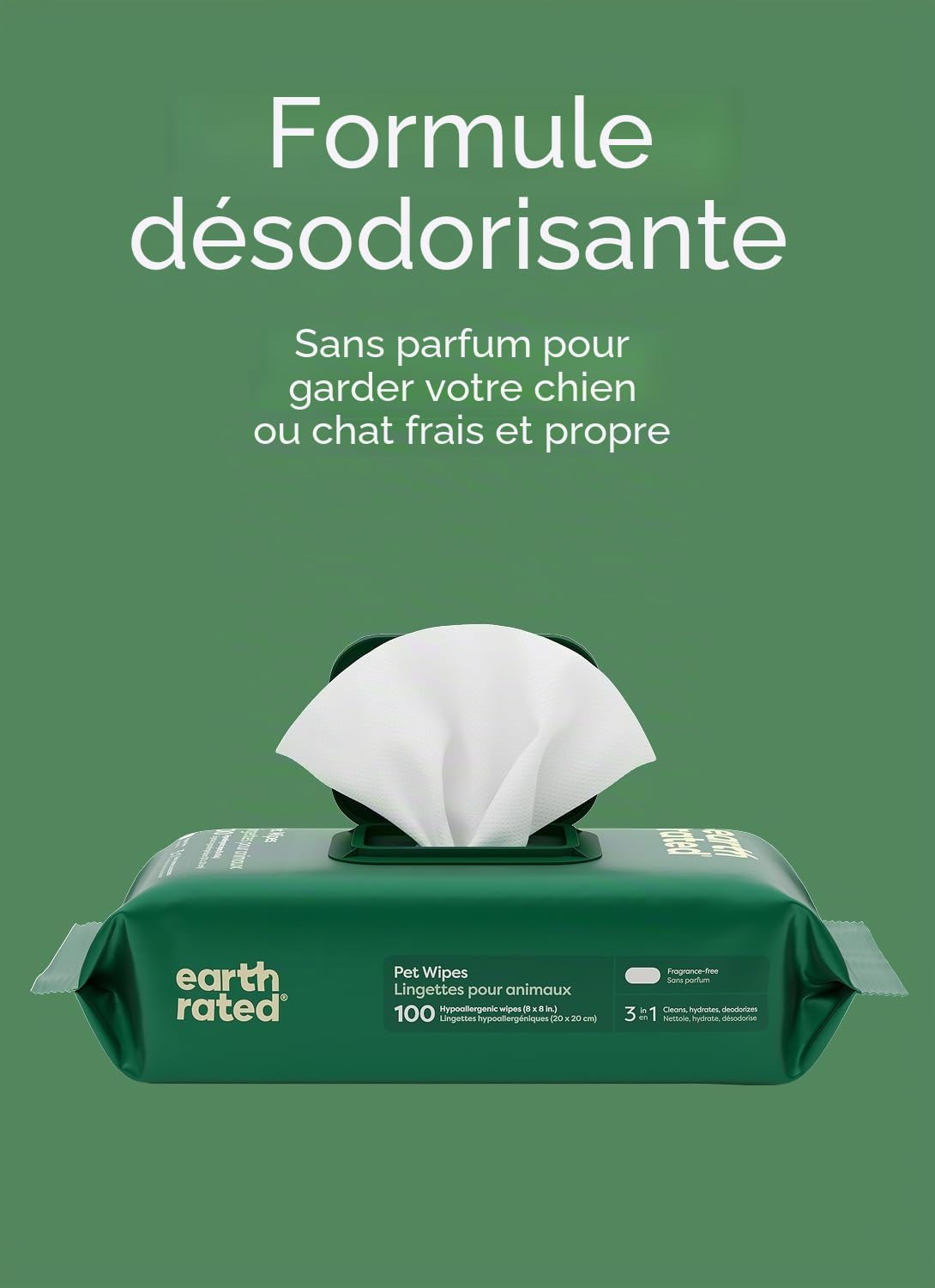 Earth Rated Lingettes hypoallergéniques pour Chiens, nettoyantes et Anti-odeurs, pour Pattes, Corps et arrière-Train, parfaites pour Chiots et Chiens Adultes, sans Parfum, 100 lingettes