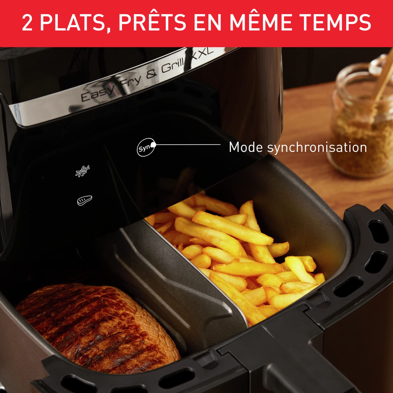 Moulinex Friteuse sans huile + Gril, Capacité XL 4,6L, Jusqu'à 6 personnes, 8 Programmes automatiques, Air Fryer, Ecran tactile digital, Température réglable, Easy Fry & Grill 2en1, EZ505810
