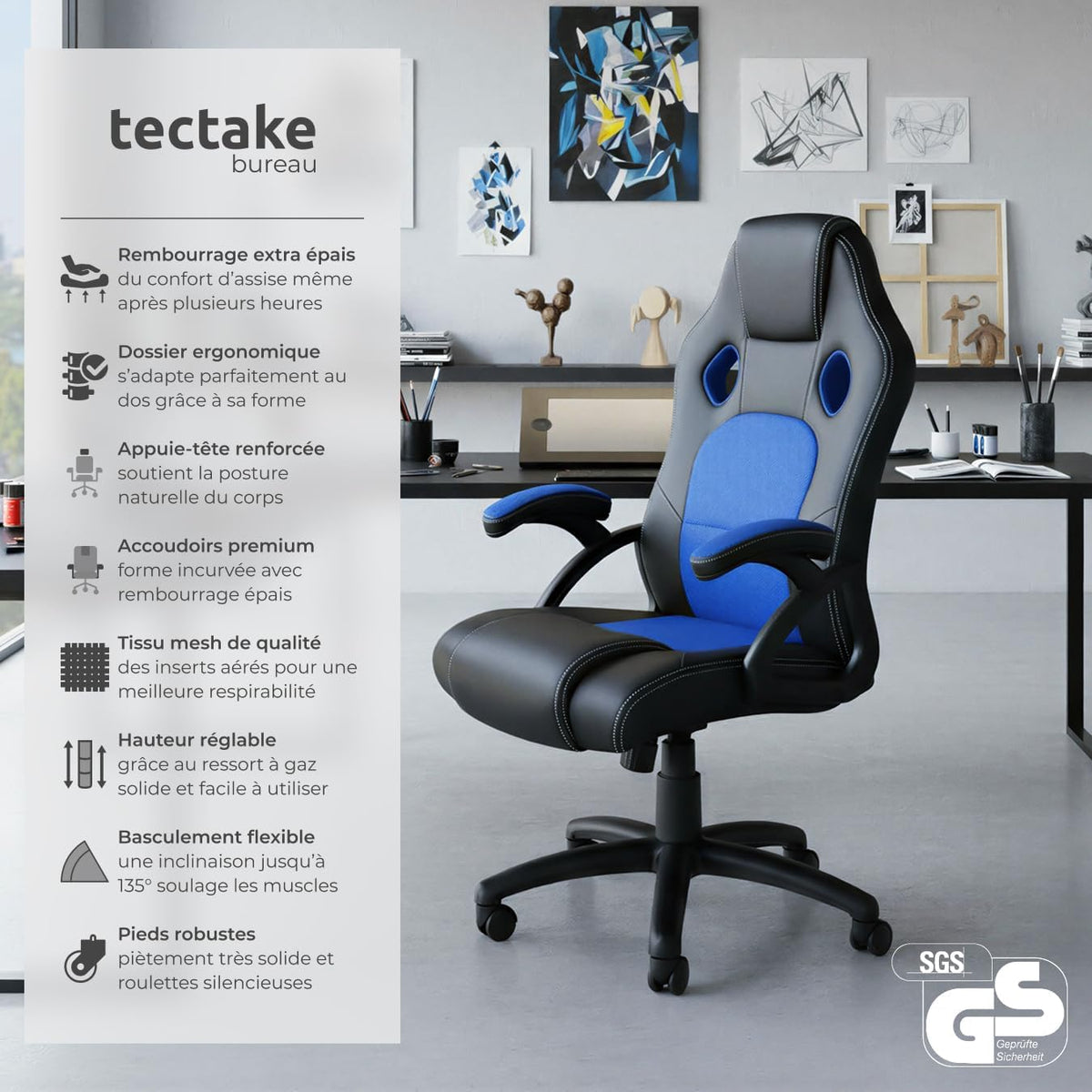 TecTake® Chaise de Bureau Fauteuil de Bureau Fauteuil pivotant Design Chaise Gaming, Siege Ergonomique, Fauteuil avec Accoudoirs, Rembourrage épais, Roulette, Hauteur réglable Teletravail