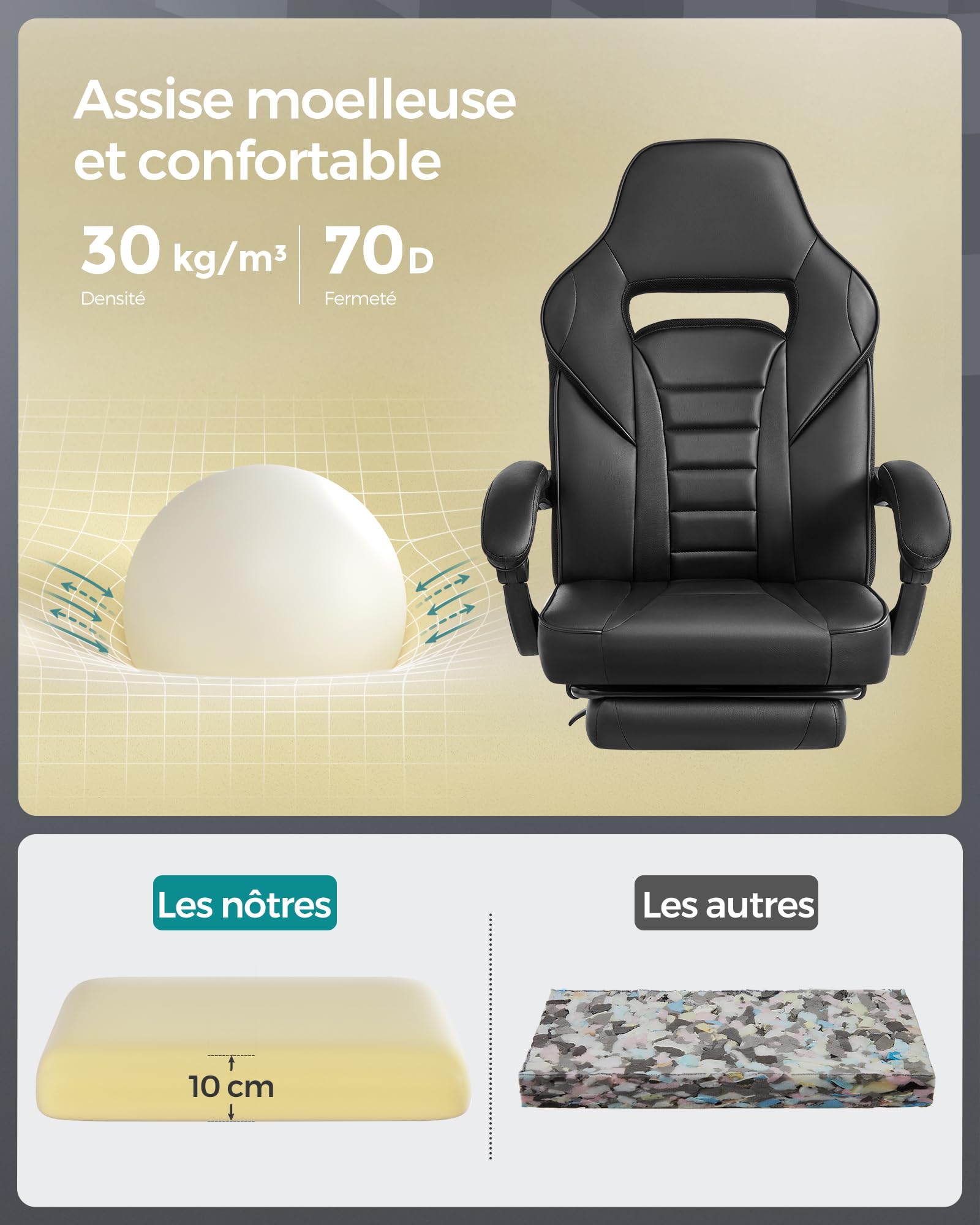 SONGMICS Fauteuil de Bureau Gaming OBG073B03 – Ergonomique, Repose-pieds, Appui-tête, 150 kg