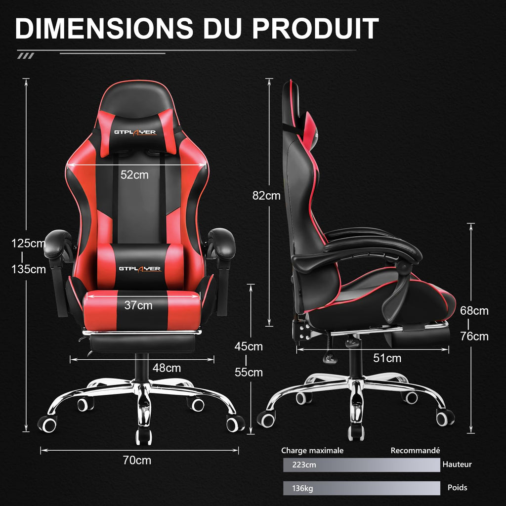 GTPLAYER Chaise Gaming Ergonomique, Fauteuil Gamer, Chaise Bureau, Dossier réglable à 135°, Hauteur Réglable, Repose-Pieds rétractables, Simili Cuir, Supporte 150 kg, Bleu