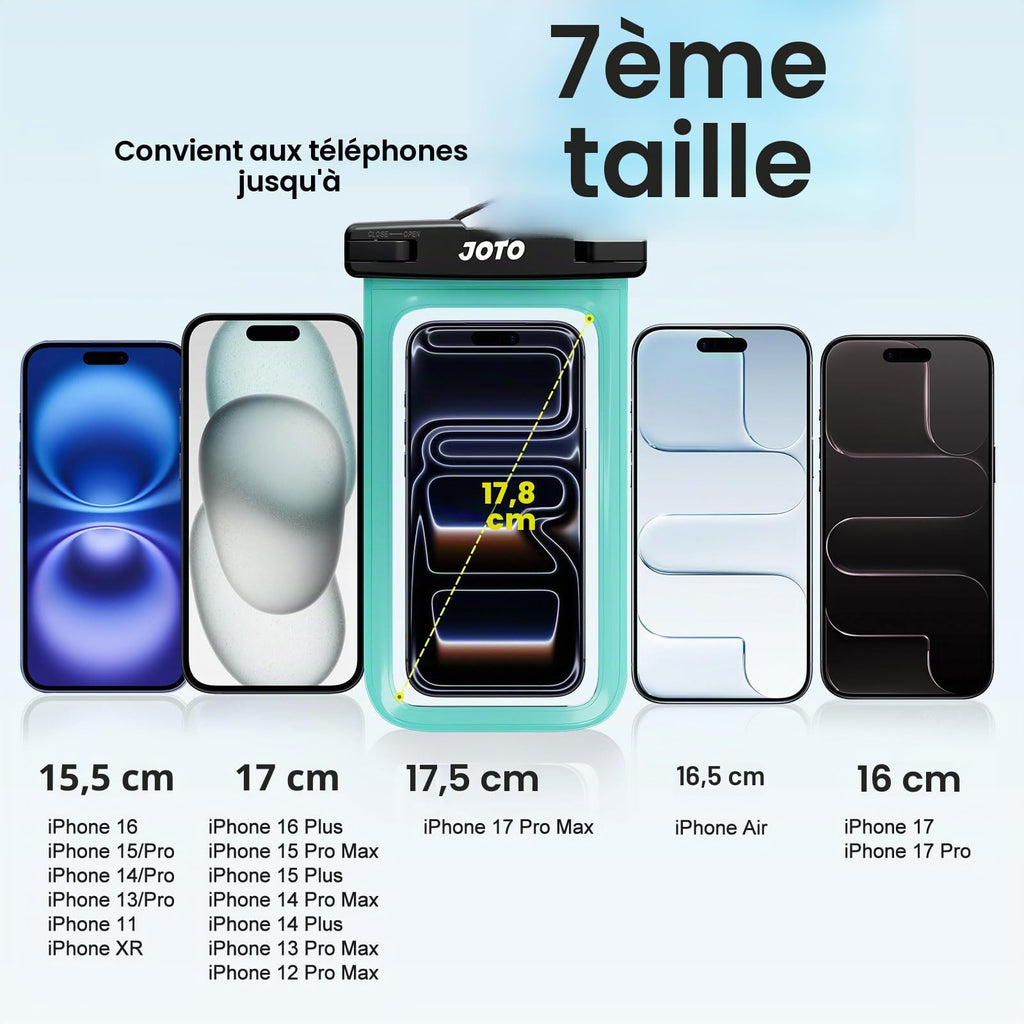 JOTO Pochette Étanche Smartphone IPX8 – Lot de 2, Compatible iPhone 17 à 11, Samsung Galaxy, Redmi, jusqu'à 7 Pouces