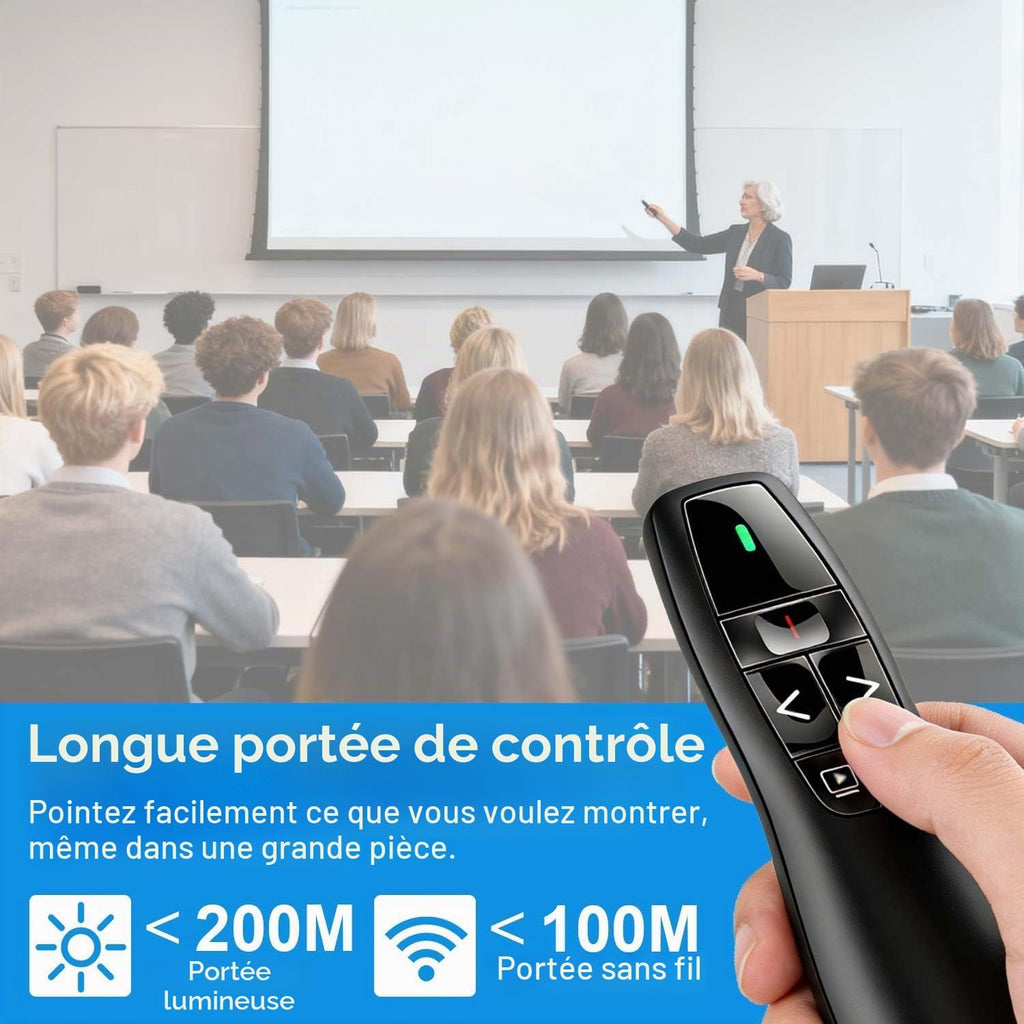 Présentateur Sans Fil 2,4 GHz – Pointeur Laser, 5 Boutons, 100 m, Plug & Play – PowerPoint, Google Slides, Keynote, PC & Mac