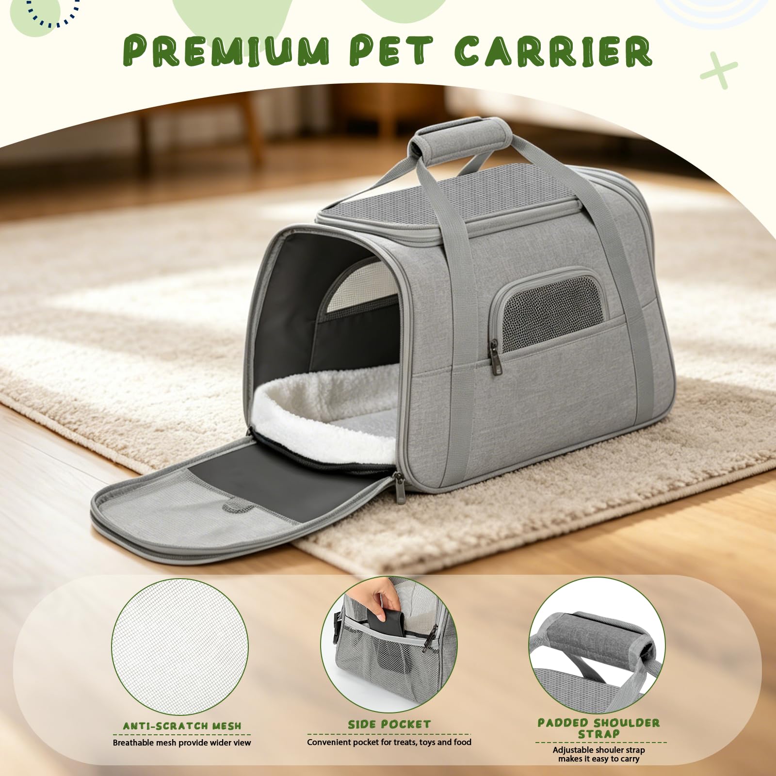 Romon Sac Transport Chat, Caisse de Transport Chien Respirant et Pliable jusqu'à 6 kg, Transporteurs avec Matelas en Peluche, Boîte de Transport avec Bandoulière Réglable, 17.3x11x9.8 inch, Noir