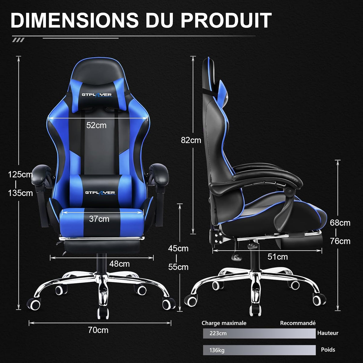 GTPLAYER Chaise Gaming Ergonomique, Fauteuil Gamer, Chaise Bureau, Dossier réglable à 135°, Hauteur Réglable, Repose-Pieds rétractables, Simili Cuir, Supporte 150 kg, Bleu