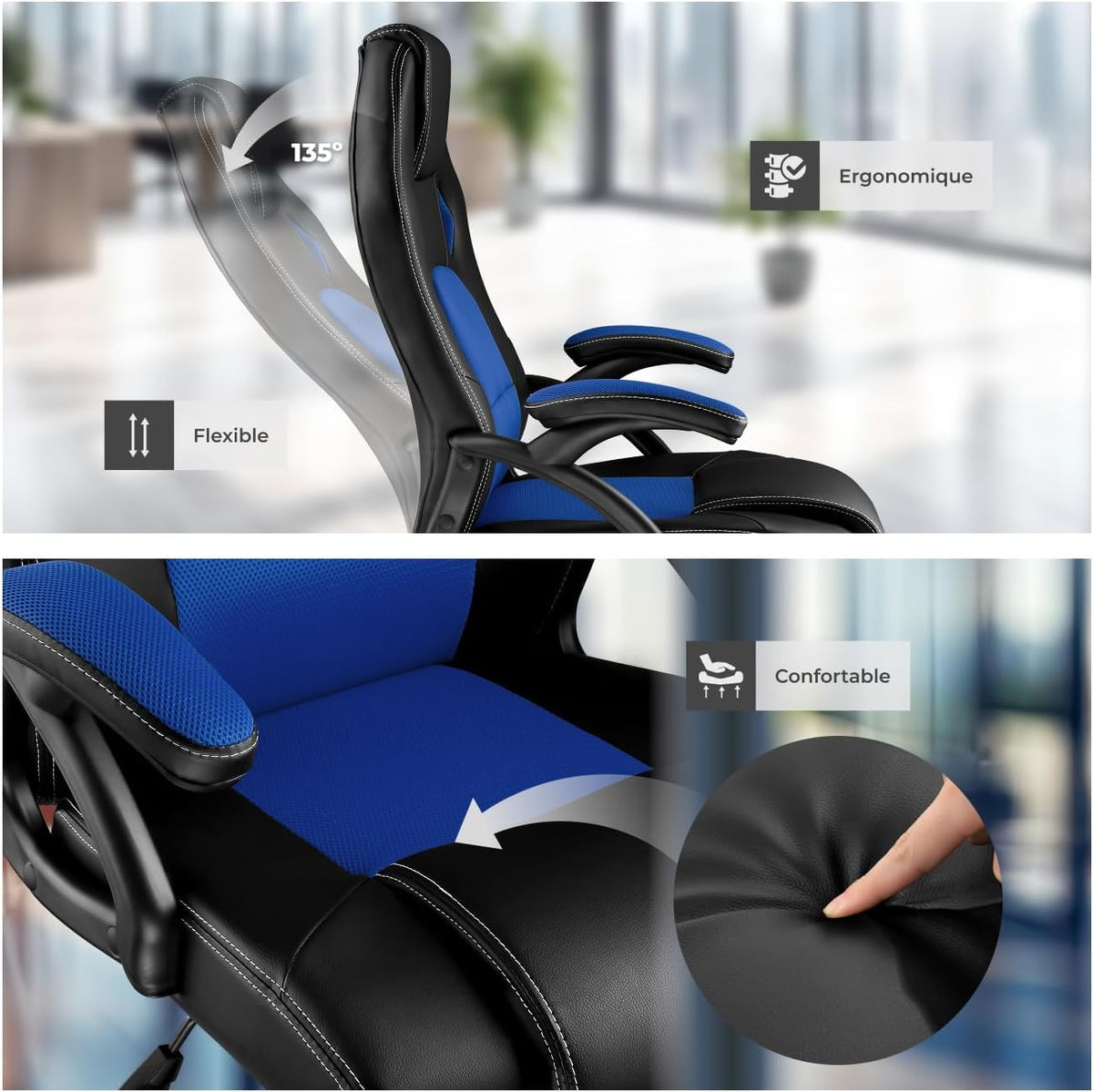 TecTake® Chaise de Bureau Fauteuil de Bureau Fauteuil pivotant Design Chaise Gaming, Siege Ergonomique, Fauteuil avec Accoudoirs, Rembourrage épais, Roulette, Hauteur réglable Teletravail