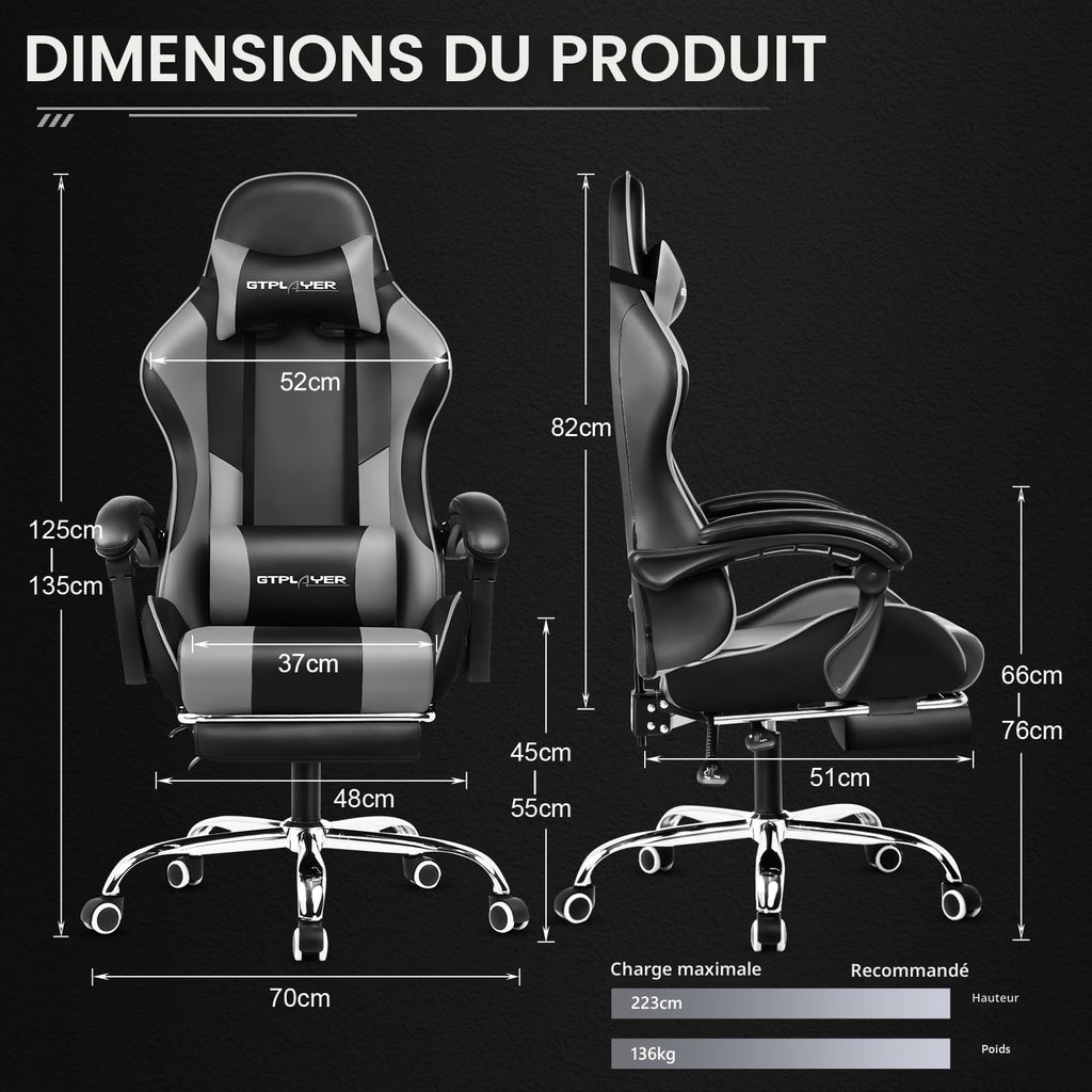 GTPLAYER Chaise Gaming Ergonomique, Fauteuil Gamer, Chaise Bureau, Dossier réglable à 135°, Hauteur Réglable, Repose-Pieds rétractables, Simili Cuir, Supporte 150 kg, Bleu