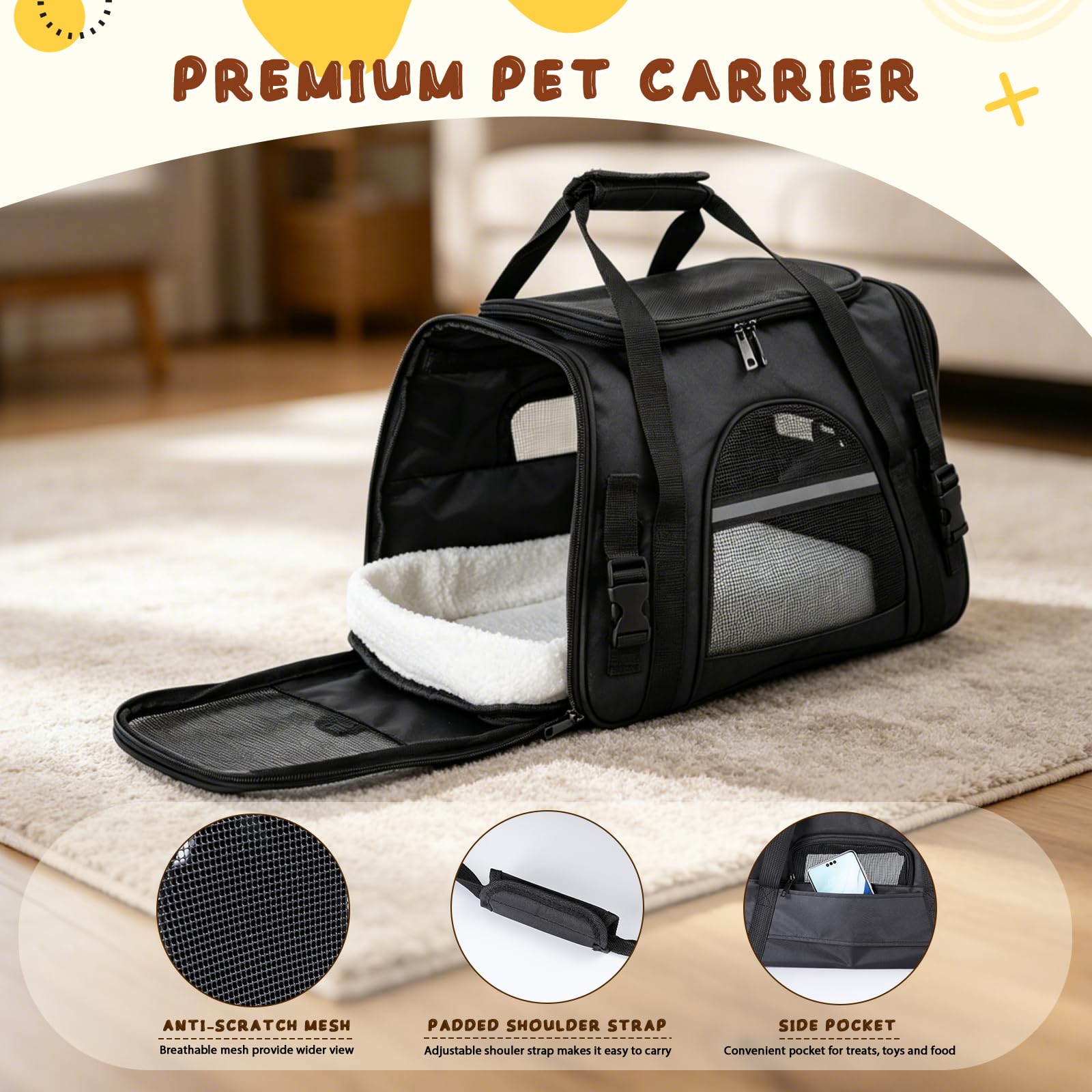 Romon Sac Transport Chat, Caisse de Transport Chien Respirant et Pliable jusqu'à 6 kg, Transporteurs avec Matelas en Peluche, Boîte de Transport avec Bandoulière Réglable, 17.3x11x9.8 inch, Noir