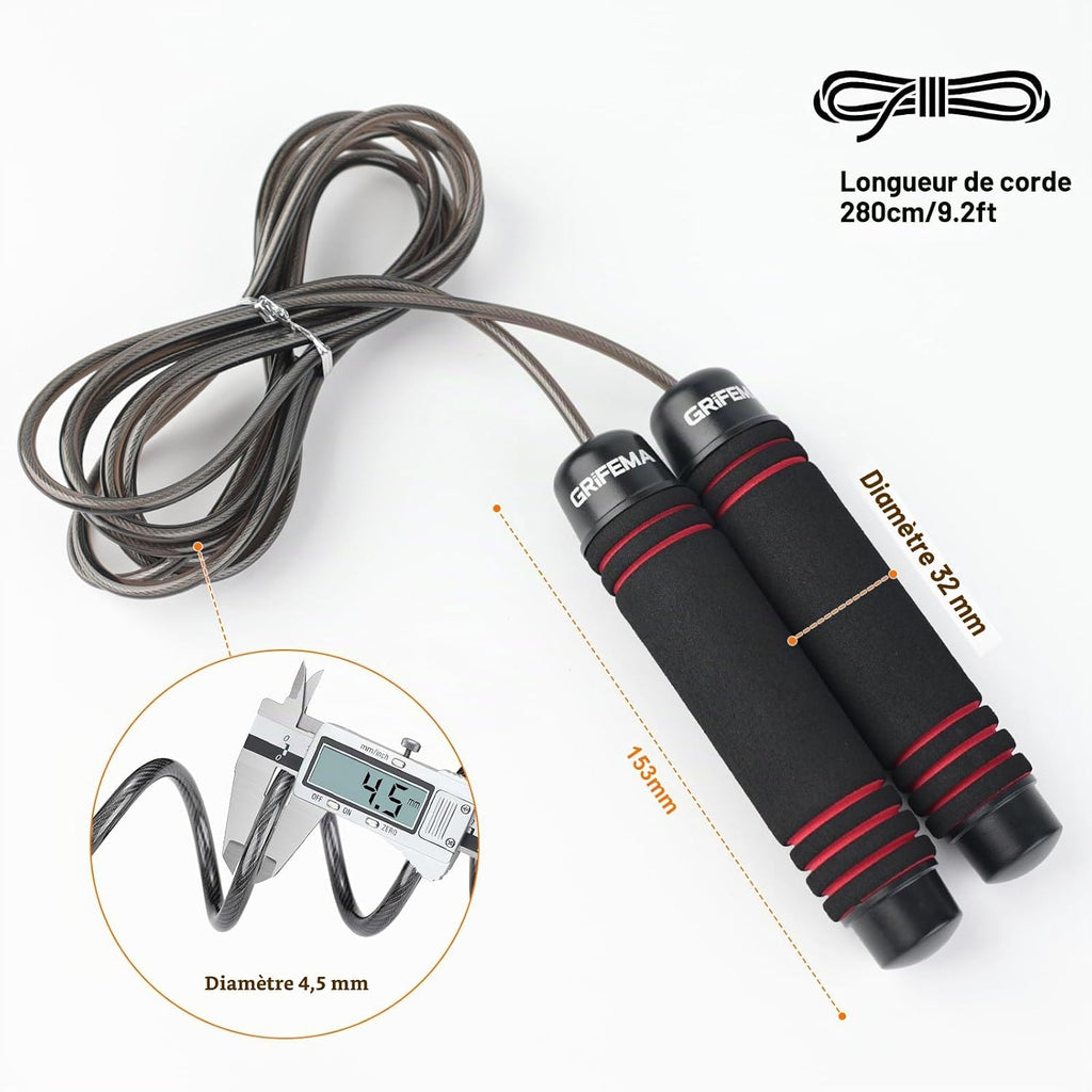 GRIFEMA GA5004, Corde à Sauter, Poignée en Mousse Antidérapante, Outil de Fitness et de Musculation pour Adultes et Enfants pour Faire de l'Exercice à la Maison, Noir