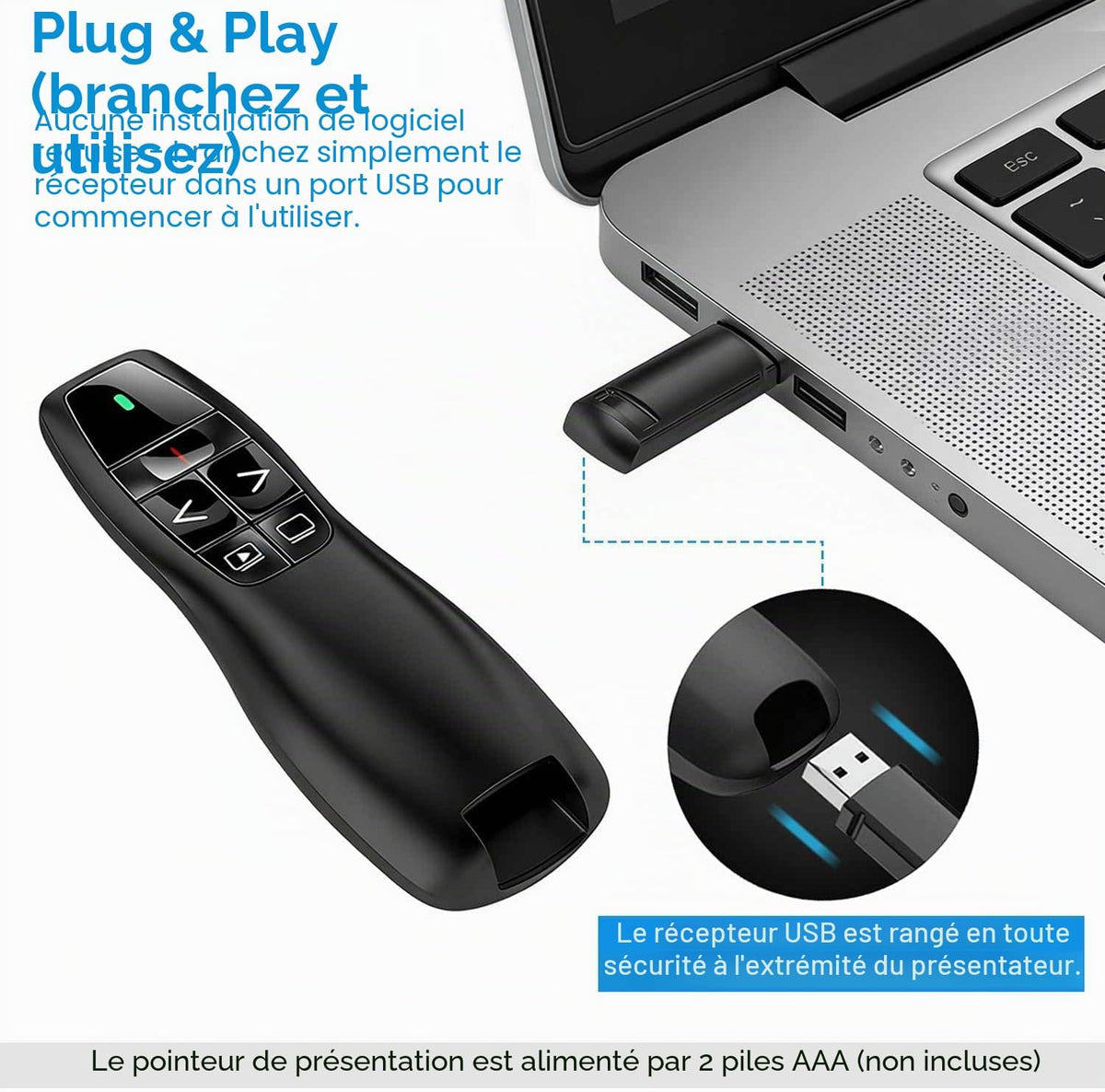 Présentateur Sans Fil 2,4 GHz – Pointeur Laser, 5 Boutons, 100 m, Plug & Play – PowerPoint, Google Slides, Keynote, PC & Mac