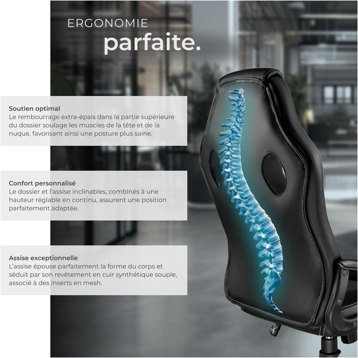 TecTake® Chaise de Bureau Fauteuil de Bureau Fauteuil pivotant Design Chaise Gaming, Siege Ergonomique, Fauteuil avec Accoudoirs, Rembourrage épais, Roulette, Hauteur réglable Teletravail