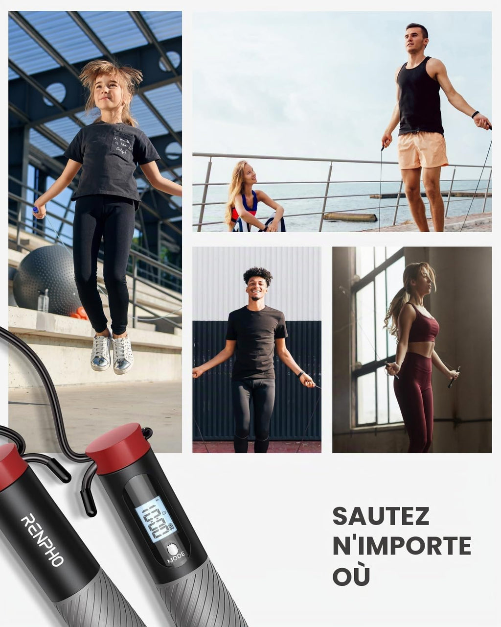 RENPHO Corde à Sauter Intelligente avec Compteur, Corde à Sauter sans Fil Réglable, App Données d'Analyse, Corde a Sauter Fitness Homme Femmes Enfants, Crossfit Équipement d'Entraînement