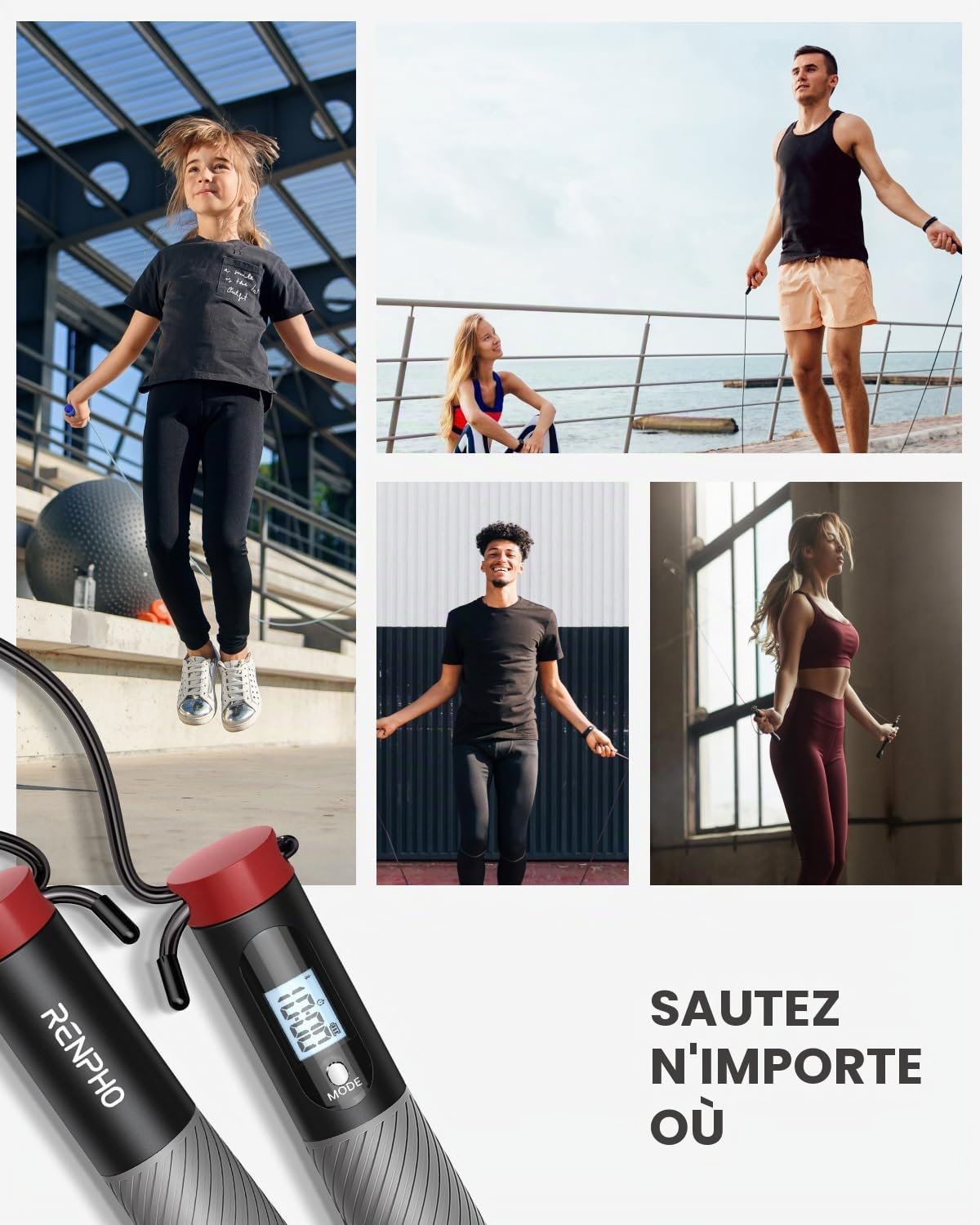 RENPHO Corde à Sauter Intelligente avec Compteur, Corde à Sauter sans Fil Réglable, App Données d'Analyse, Corde a Sauter Fitness Homme Femmes Enfants, Crossfit Équipement d'Entraînement