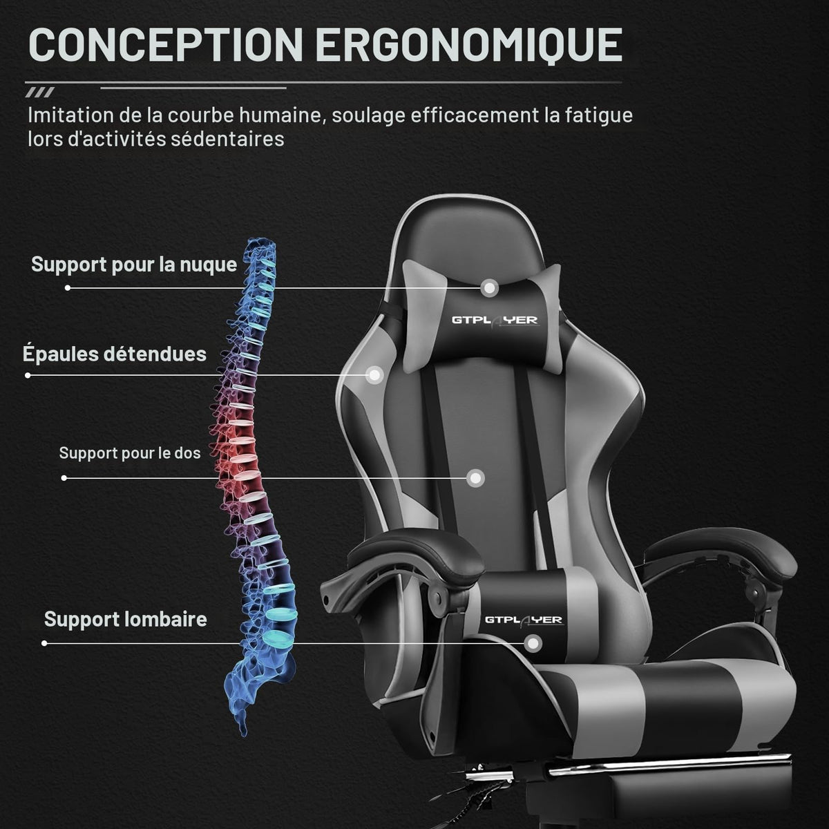 GTPLAYER Chaise Gaming Ergonomique, Fauteuil Gamer, Chaise Bureau, Dossier réglable à 135°, Hauteur Réglable, Repose-Pieds rétractables, Simili Cuir, Supporte 150 kg, Bleu