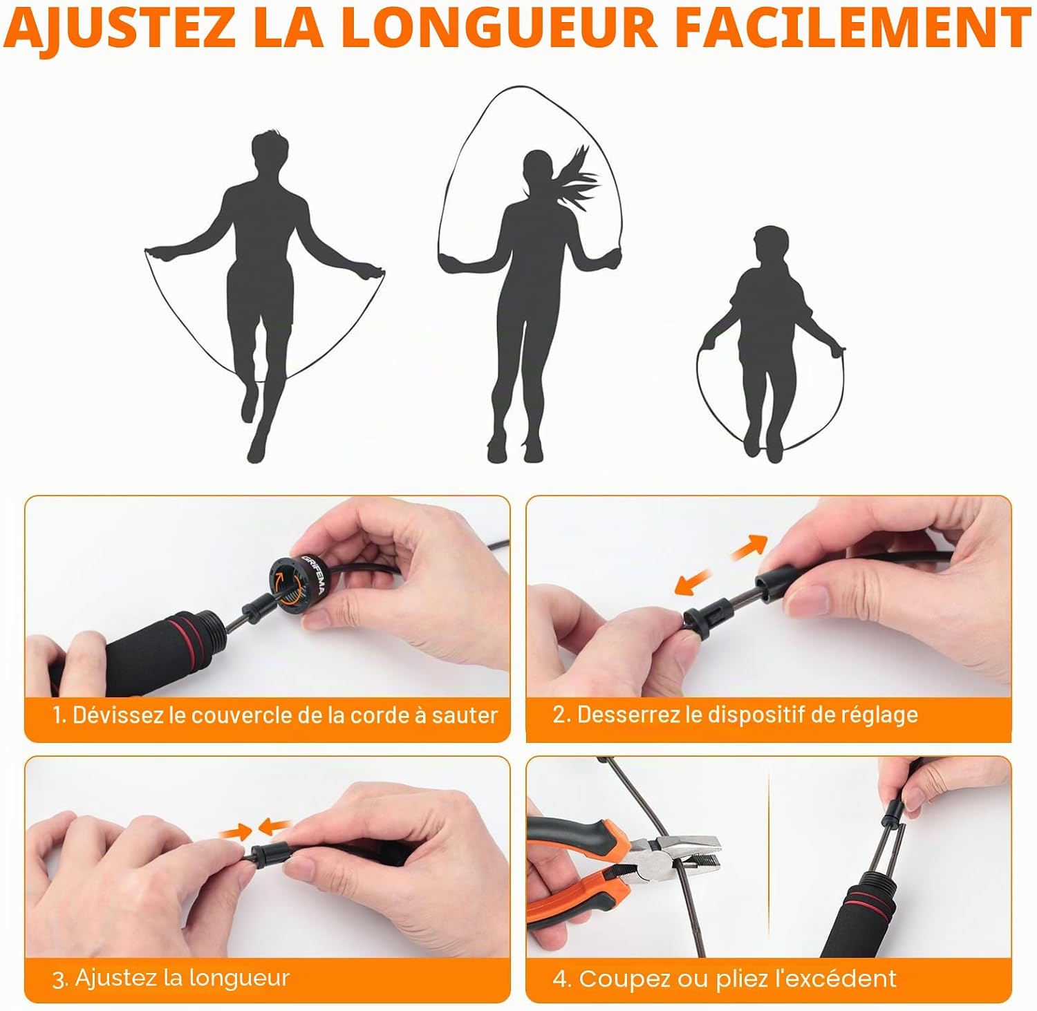 GRIFEMA GA5004, Corde à Sauter, Poignée en Mousse Antidérapante, Outil de Fitness et de Musculation pour Adultes et Enfants pour Faire de l'Exercice à la Maison, Noir
