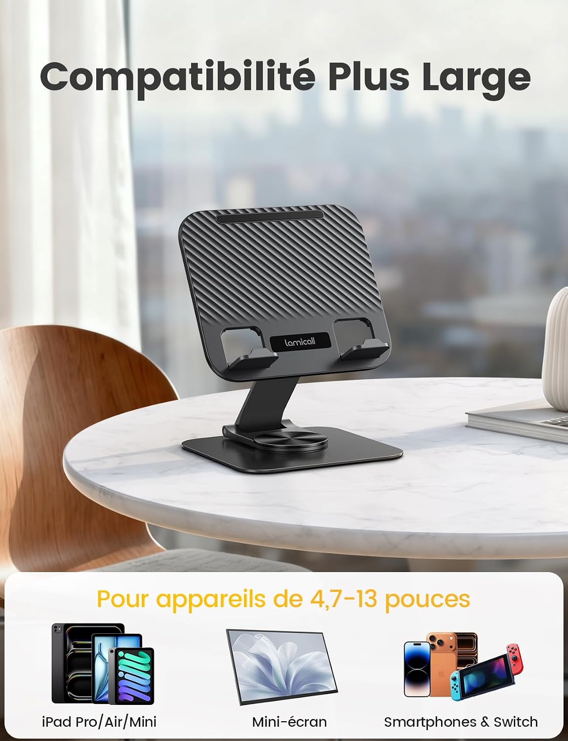 Lamicall Support Tablette Bureau – Base Rotative 360°, Design Ultrafin 15 mm, Double Axe