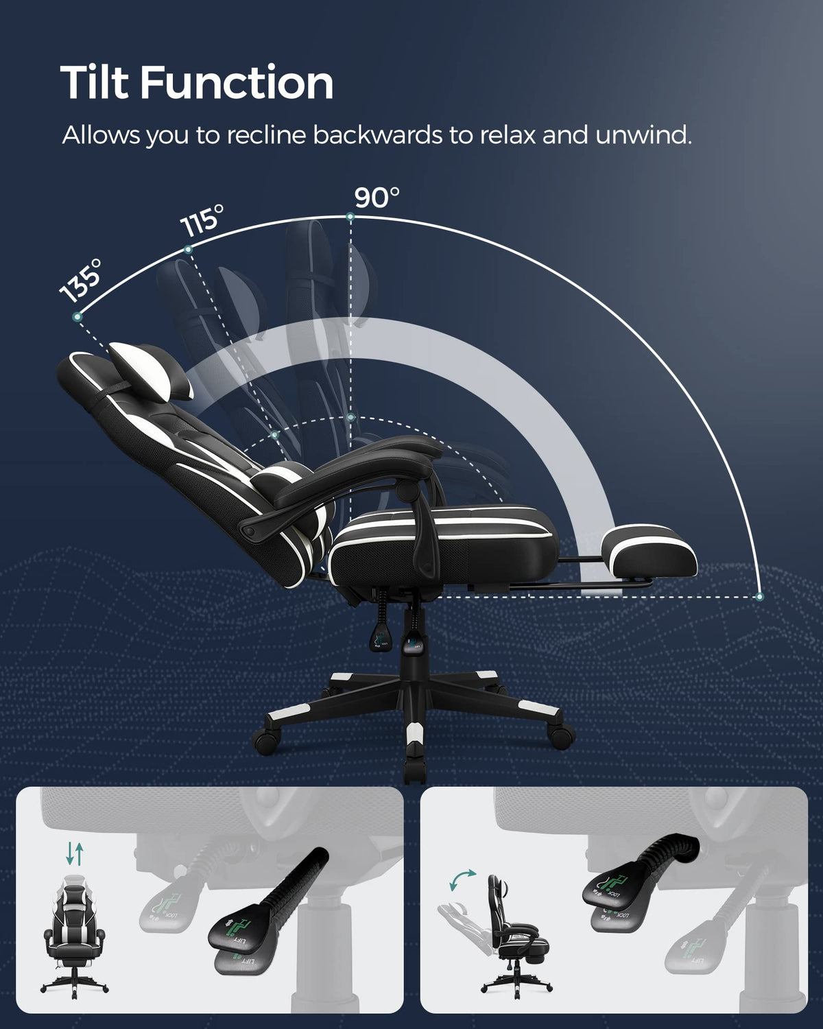 SONGMICS Fauteuil de Bureau Gaming OBG073B03 – Ergonomique, Repose-pieds, Appui-tête, 150 kg