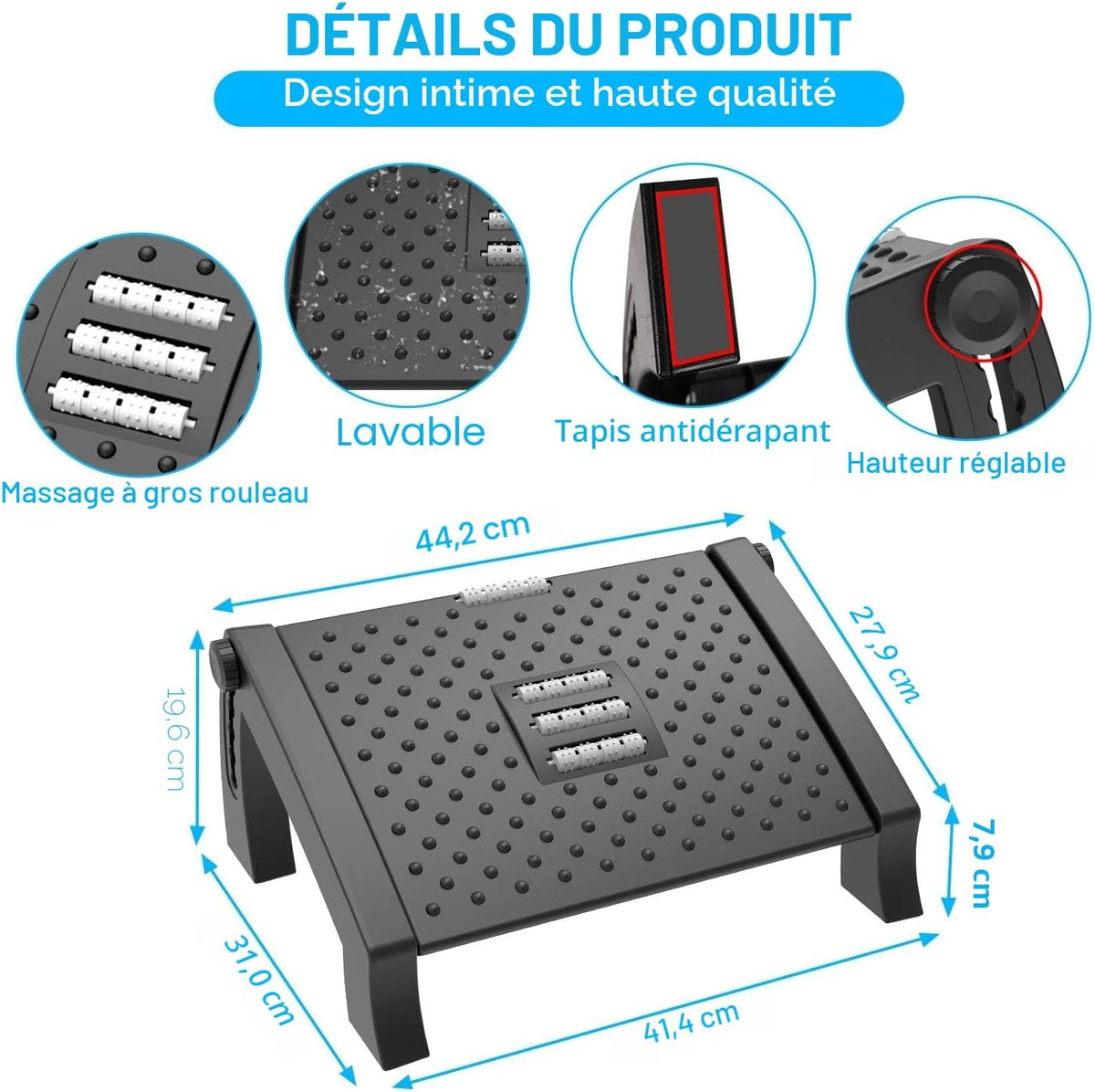 Repose-pieds Bureau Ergonomique – Massage Acupression, 6 Hauteurs Réglables, Antidérapant – Soulage Dos & Fatigue