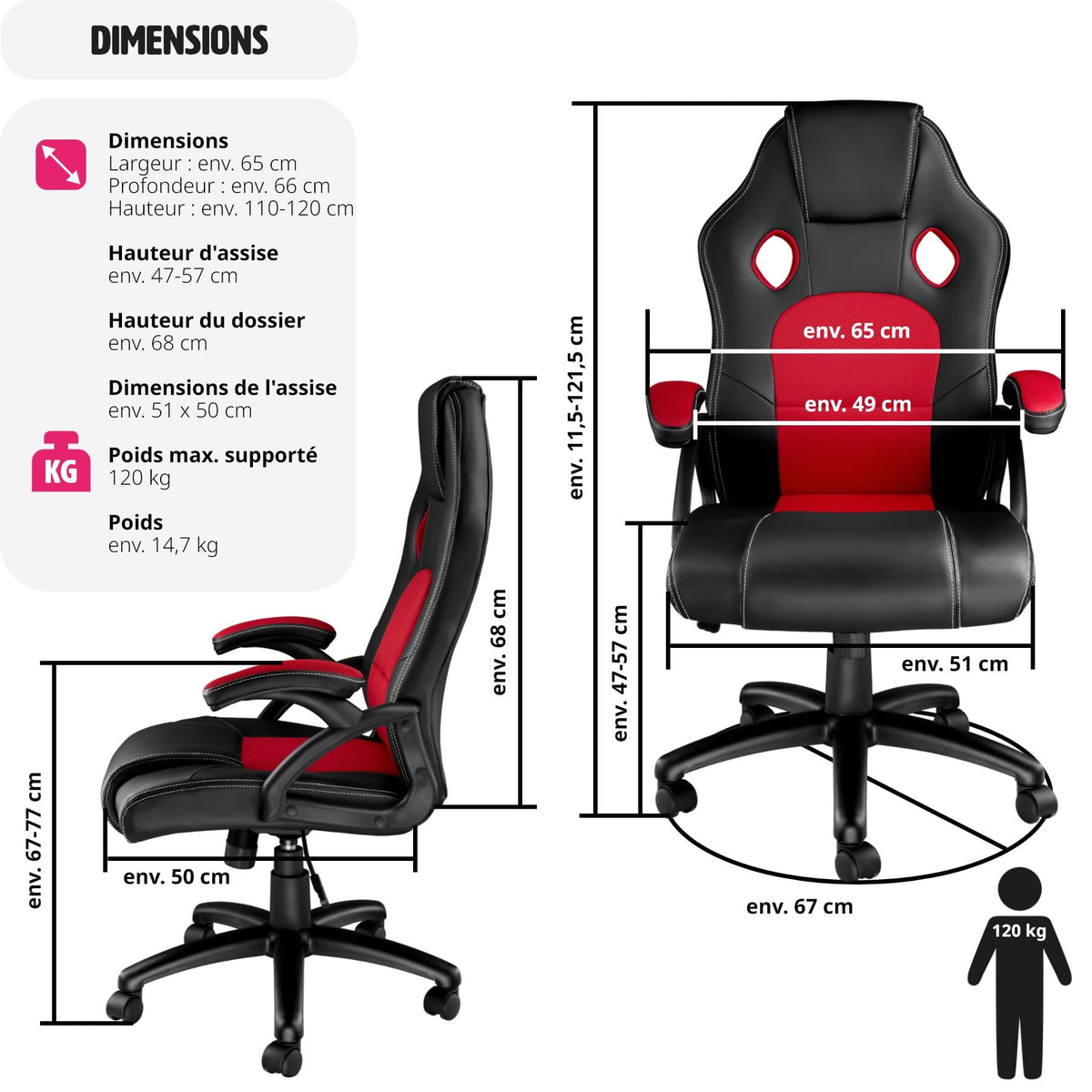 TecTake® Chaise de Bureau Fauteuil de Bureau Fauteuil pivotant Design Chaise Gaming, Siege Ergonomique, Fauteuil avec Accoudoirs, Rembourrage épais, Roulette, Hauteur réglable Teletravail