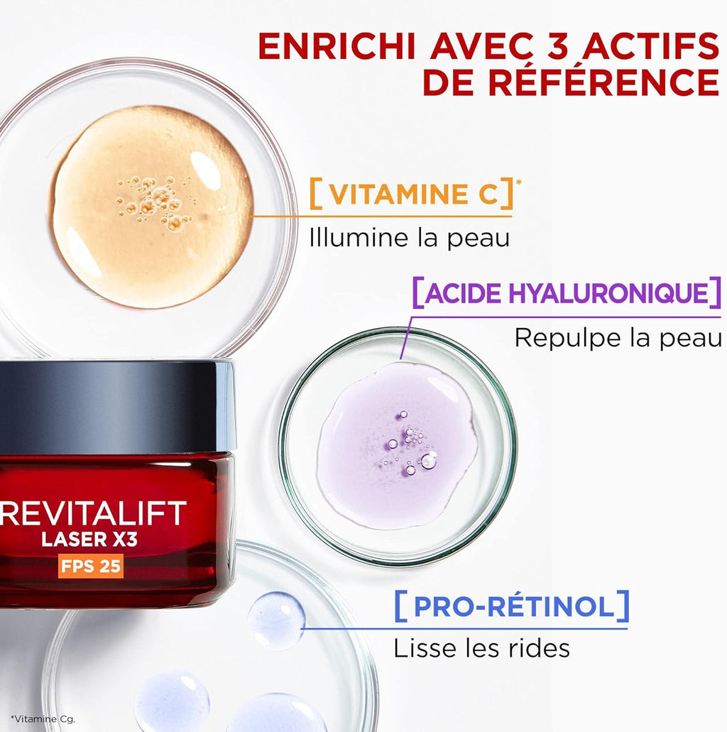 L'Oréal Paris Revitalift Laser X3 - Crème de Jour Anti-Âge FPS 25 - Acide Hyaluronique, Pro-Rétinol & Vitamine C - 50ml