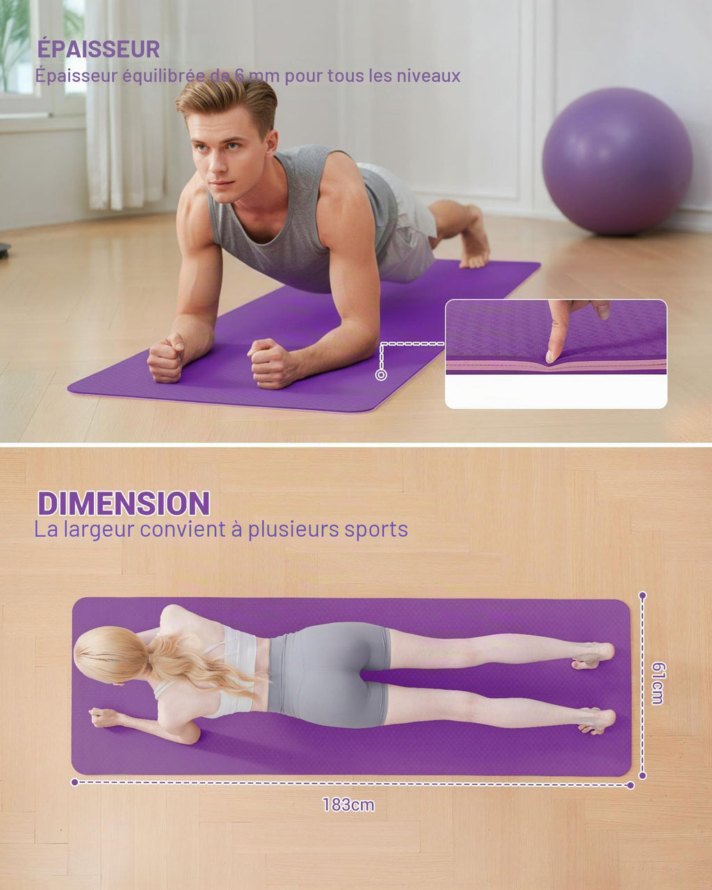 Good Nite Tapis de Yoga de Gymnastique de Exercice Fitness Tapis Fitness Antidérapant de Sport de Pilates avec Sangle de Transport 183 x 61 x 0,6 cm