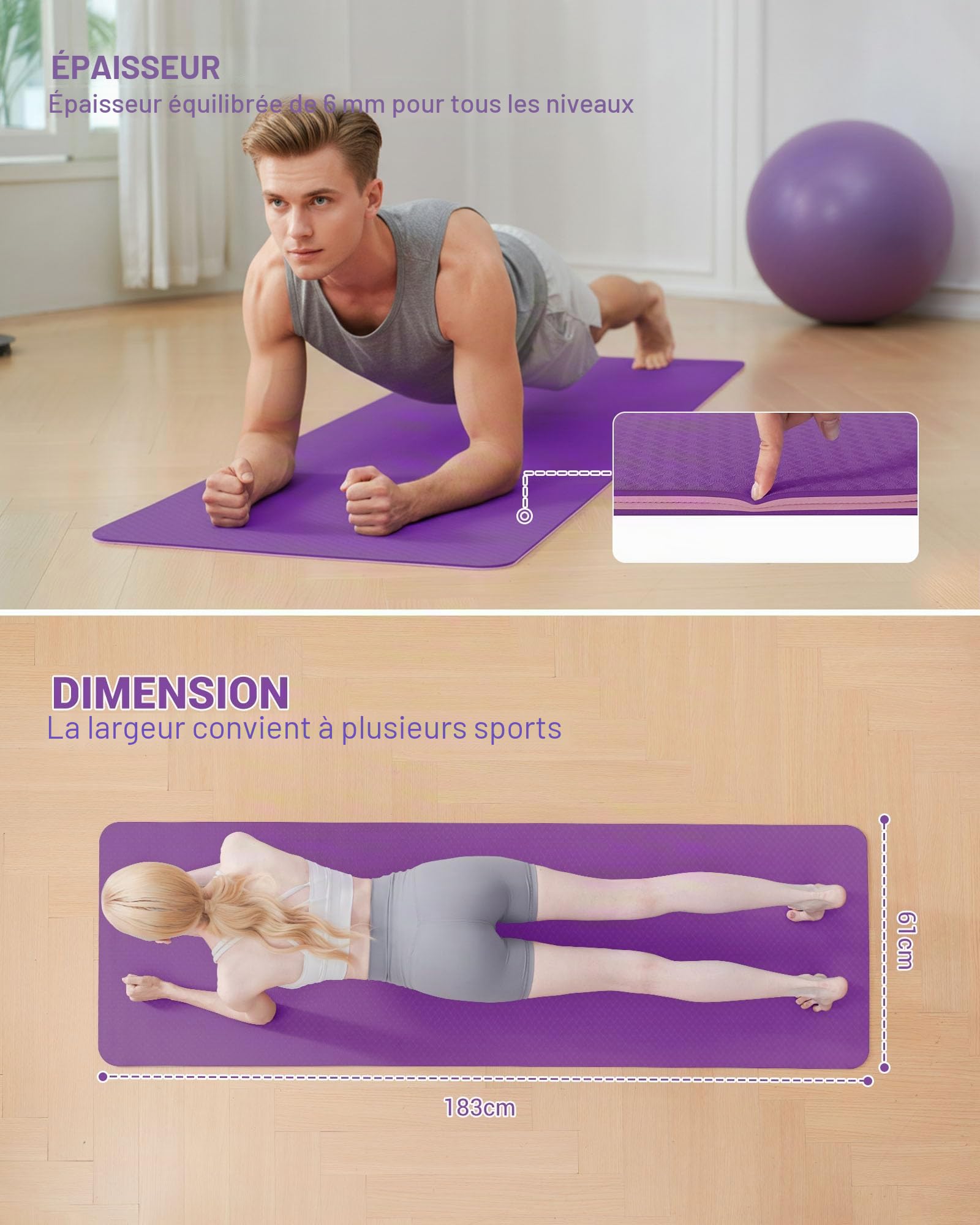 Good Nite Tapis de Yoga de Gymnastique de Exercice Fitness Tapis Fitness Antidérapant de Sport de Pilates avec Sangle de Transport 183 x 61 x 0,6 cm