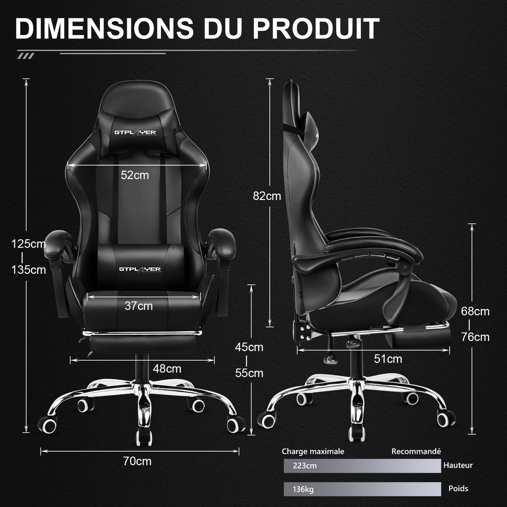 GTPLAYER Chaise Gaming Ergonomique, Fauteuil Gamer, Chaise Bureau, Dossier réglable à 135°, Hauteur Réglable, Repose-Pieds rétractables, Simili Cuir, Supporte 150 kg, Bleu