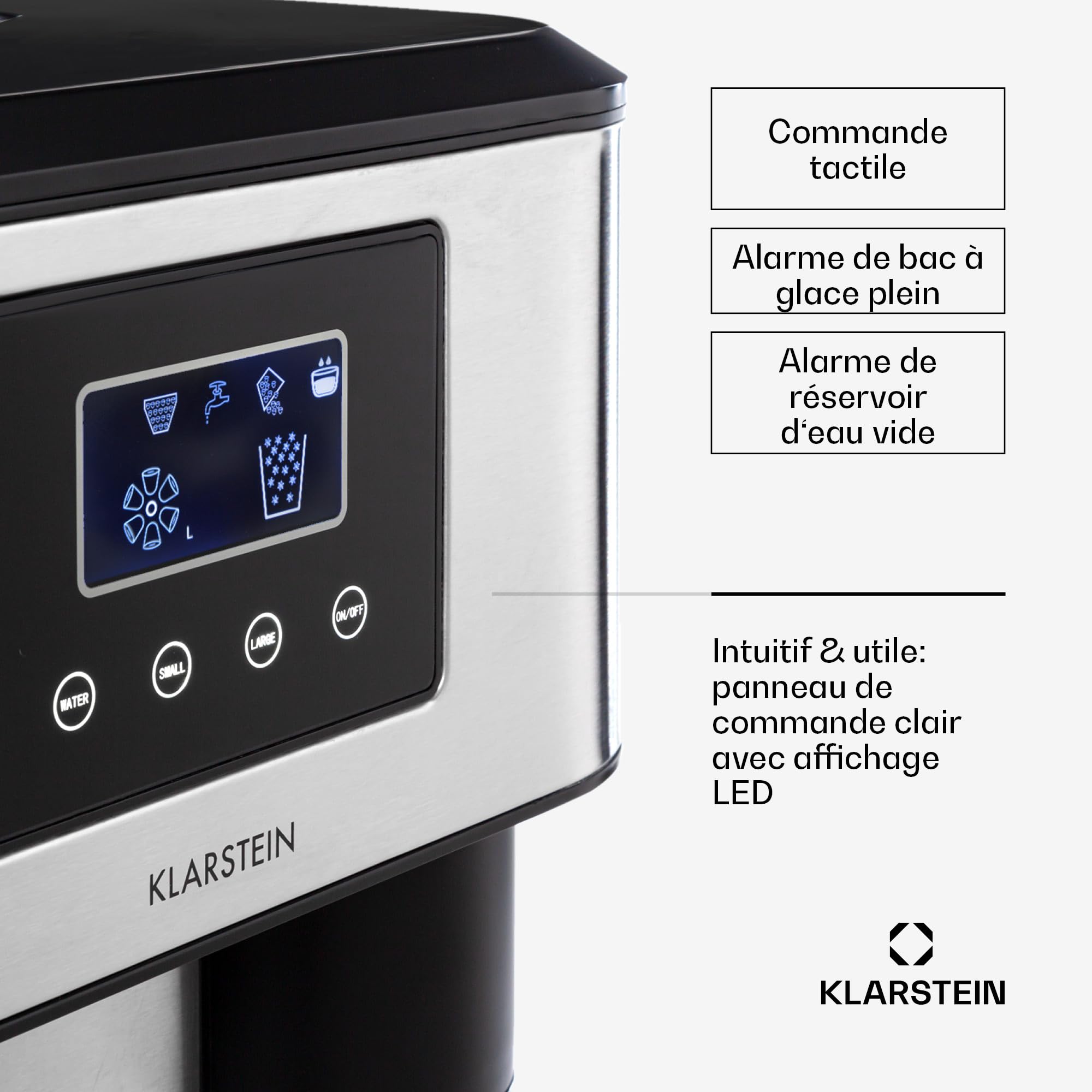 Klarstein Eiszeit Crush Machine à Glaçons Argent – réservoir 1,8 L, 15 kg/24 h, glaçons en 12 min, ~16/cycle | Glace pilée, écran tactile, alarmes
