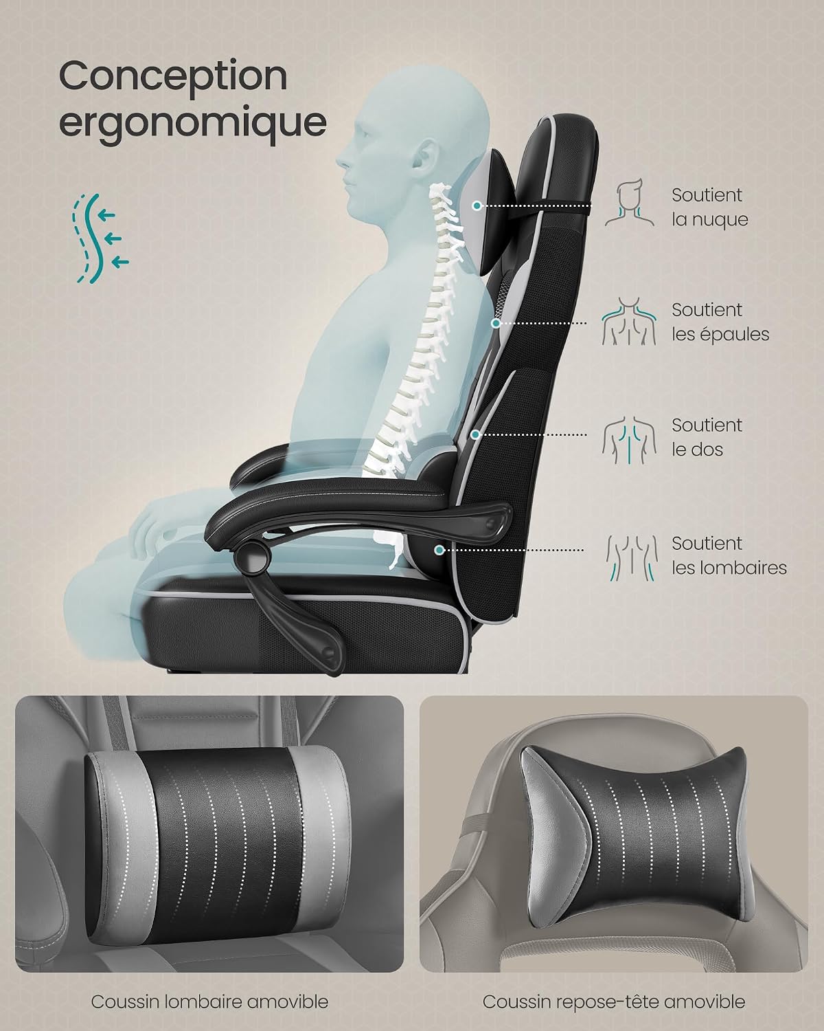 SONGMICS Fauteuil de Bureau Gaming OBG073B03 – Ergonomique, Repose-pieds, Appui-tête, 150 kg