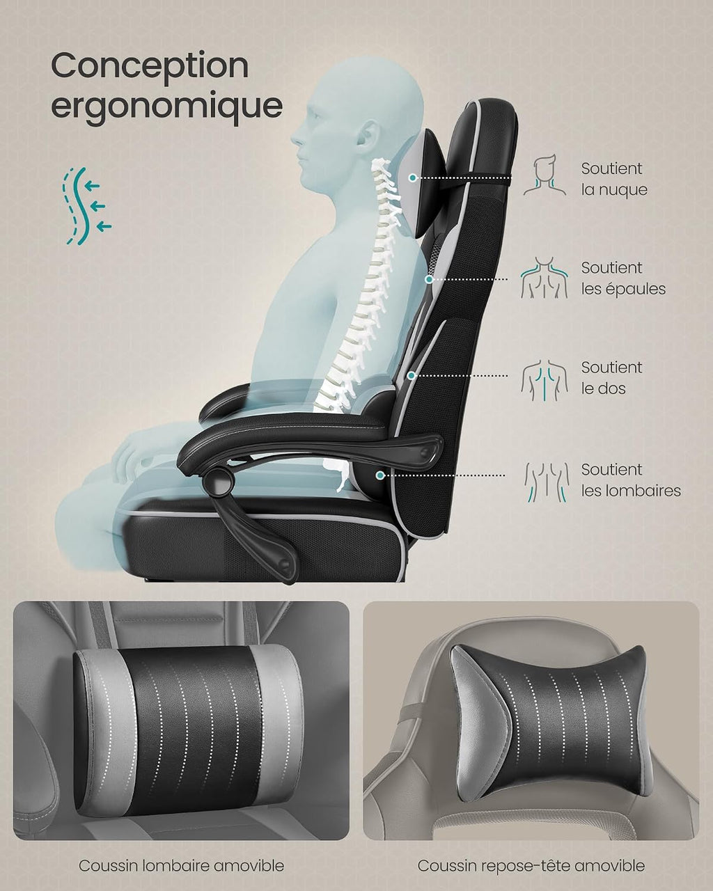 SONGMICS Fauteuil de Bureau Gaming OBG073B03 – Ergonomique, Repose-pieds, Appui-tête, 150 kg