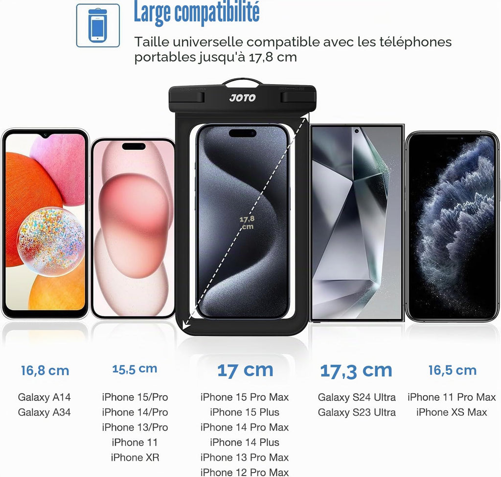 JOTO Pochette Étanche Smartphone IPX8 – Lot de 2, Compatible iPhone 17 à 11, Samsung Galaxy, Redmi, jusqu'à 7 Pouces