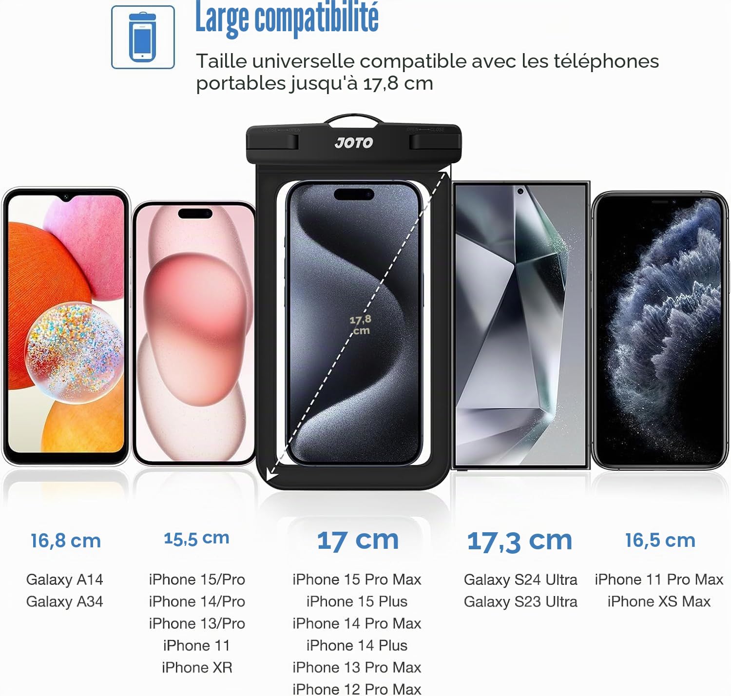 JOTO Pochette Étanche Smartphone IPX8 – Lot de 2, Compatible iPhone 17 à 11, Samsung Galaxy, Redmi, jusqu'à 7 Pouces