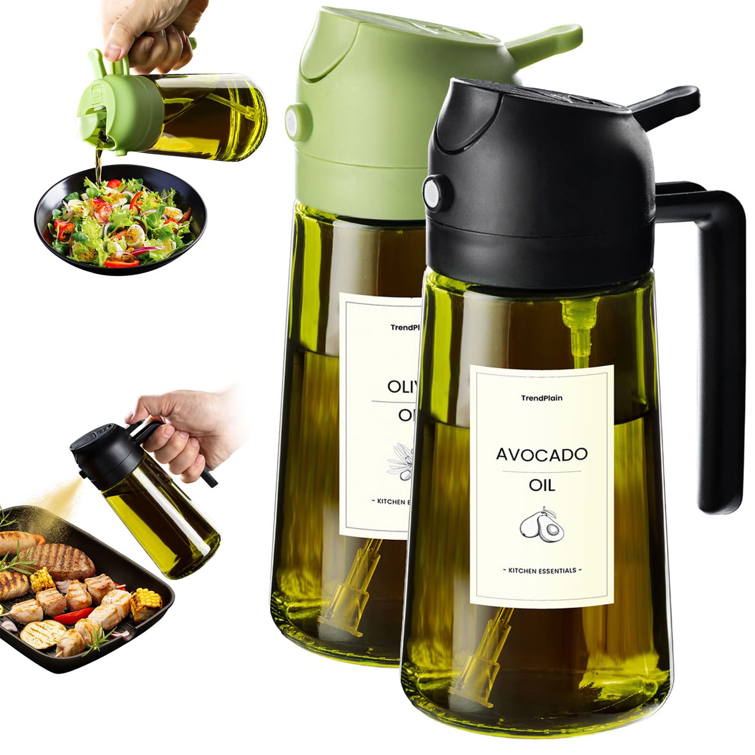 TrendPlain Vaporisateur Huile Cuisine 470ml – Spray 2-en-1 Air Fryer, Salades & Cuisson (Noir)