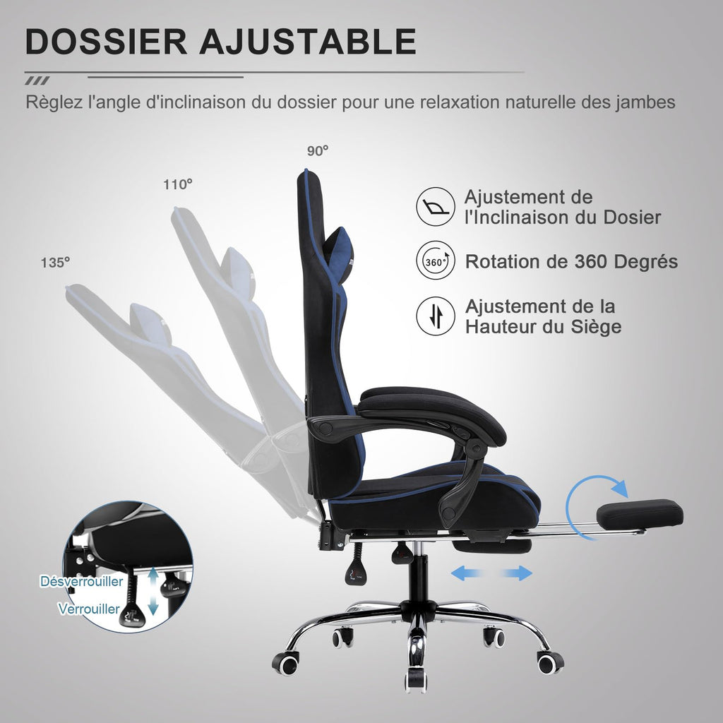 GTPLAYER Chaise Gaming Ergonomique, Fauteuil Gamer, Chaise Bureau, Dossier réglable à 135°, Hauteur Réglable, Repose-Pieds rétractables, Simili Cuir, Supporte 150 kg, Bleu