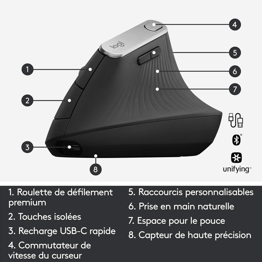 Logitech MX Vertical – Souris Ergonomique Sans Fil Bluetooth & 2,4 GHz, 4000 PPP, Graphite