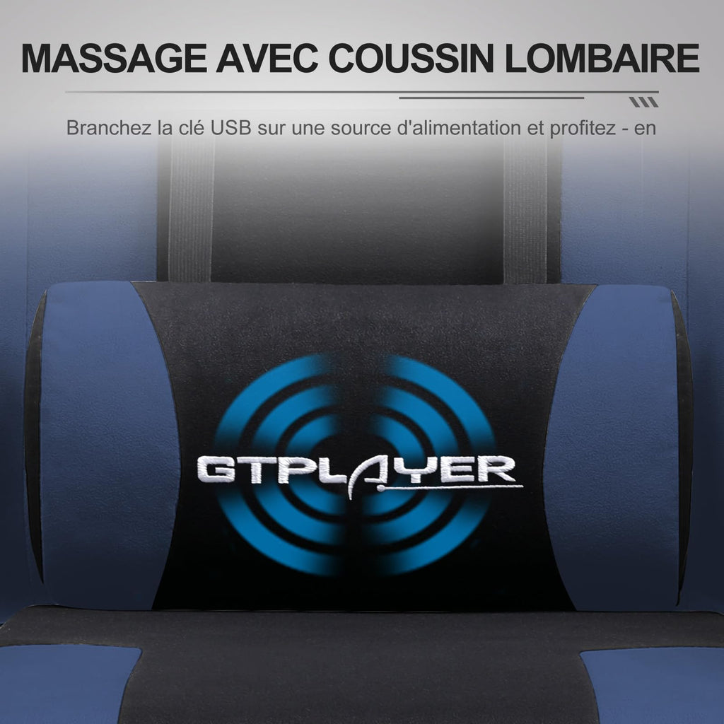 GTPLAYER Chaise Gaming Ergonomique, Fauteuil Gamer, Chaise Bureau, Dossier réglable à 135°, Hauteur Réglable, Repose-Pieds rétractables, Simili Cuir, Supporte 150 kg, Bleu