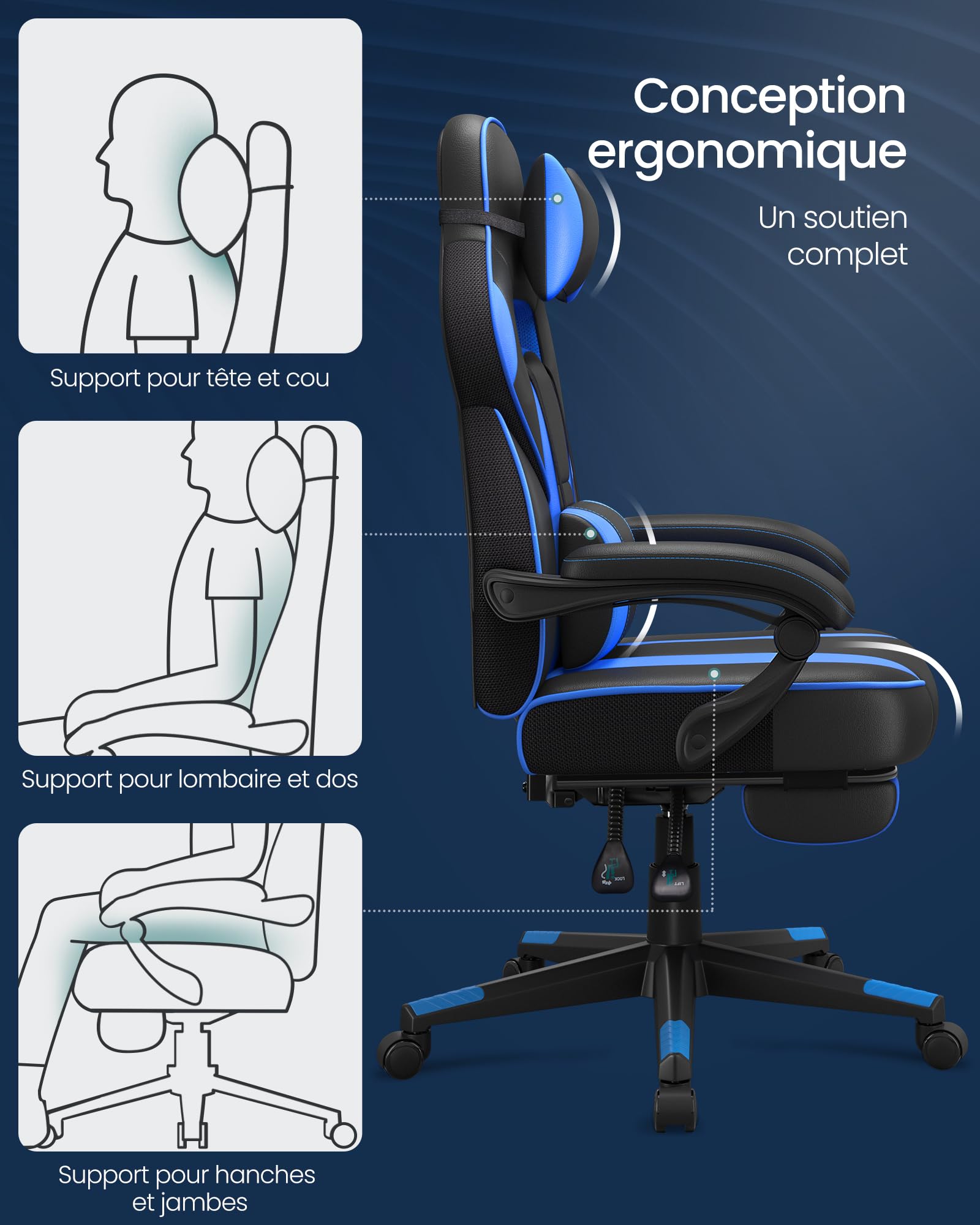 SONGMICS Fauteuil de Bureau Gaming OBG073B03 – Ergonomique, Repose-pieds, Appui-tête, 150 kg